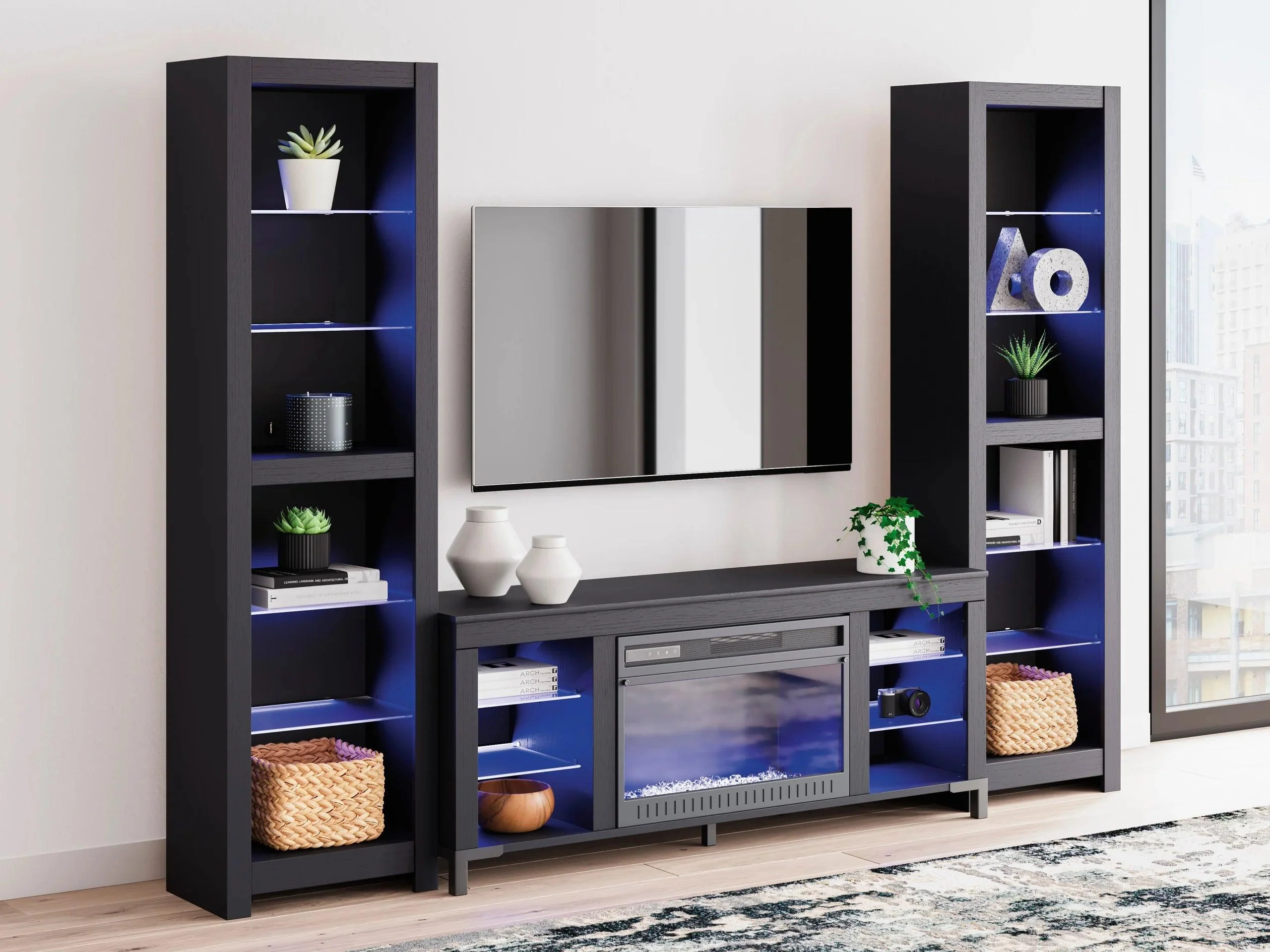 Cayberry Black TV Stand w Fireplace LED Lights - Image 3