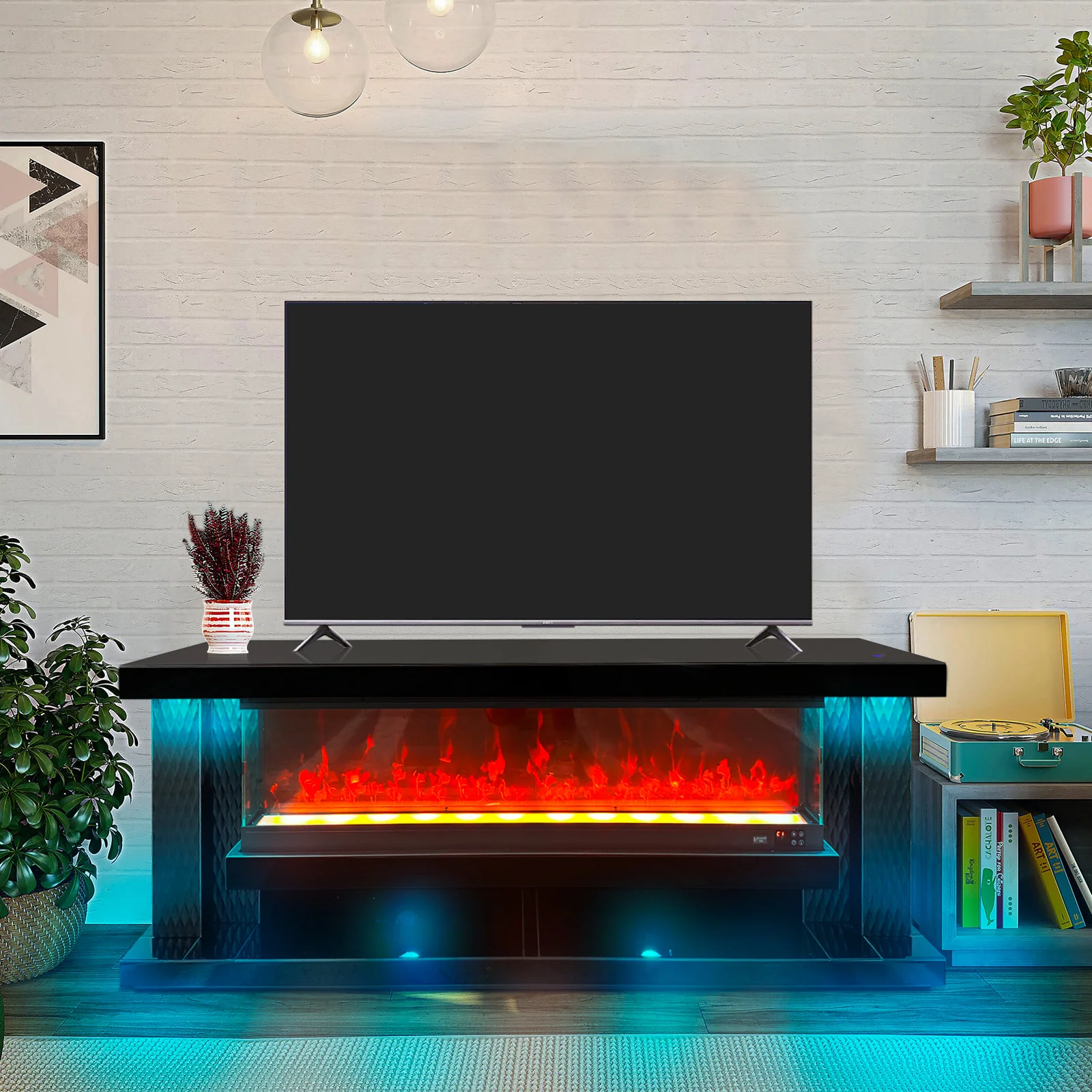 A88 Black TV Stand Fireplace 71″L