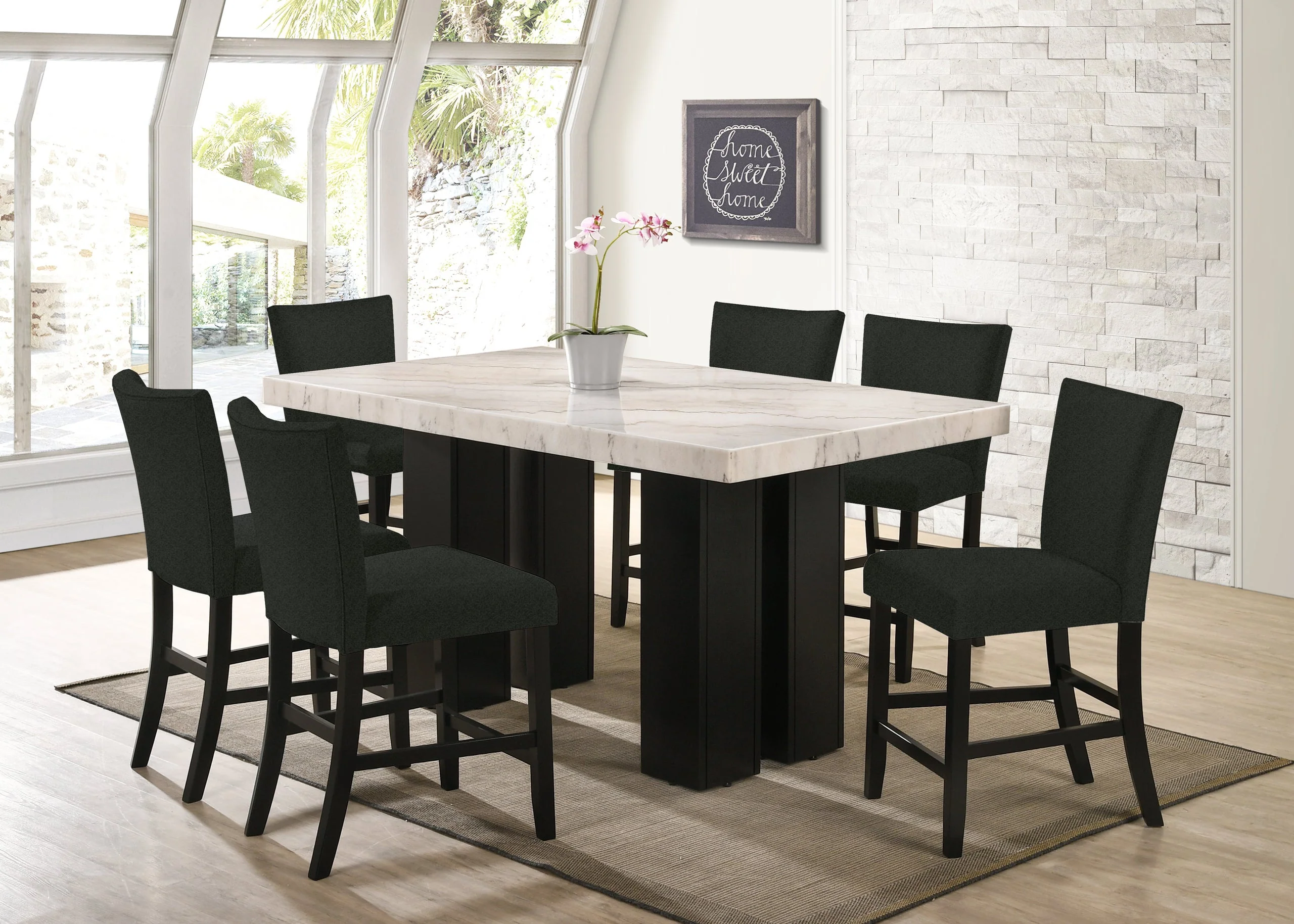 Finley Black Genuine Marble Counter Height Table + 6 Chairs - Image 2