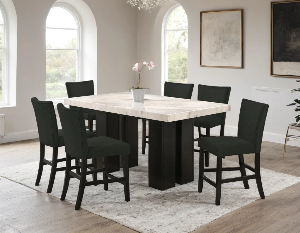Finley Black Genuine Marble Counter Height Table + 6 Chairs - Image 1