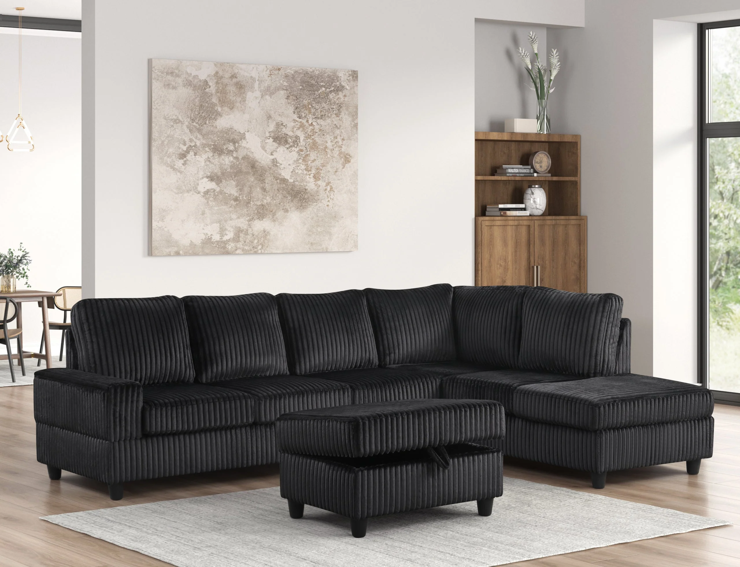 Heights Black Cord Fabric Reversible Sectional + Ottoman - Image 2