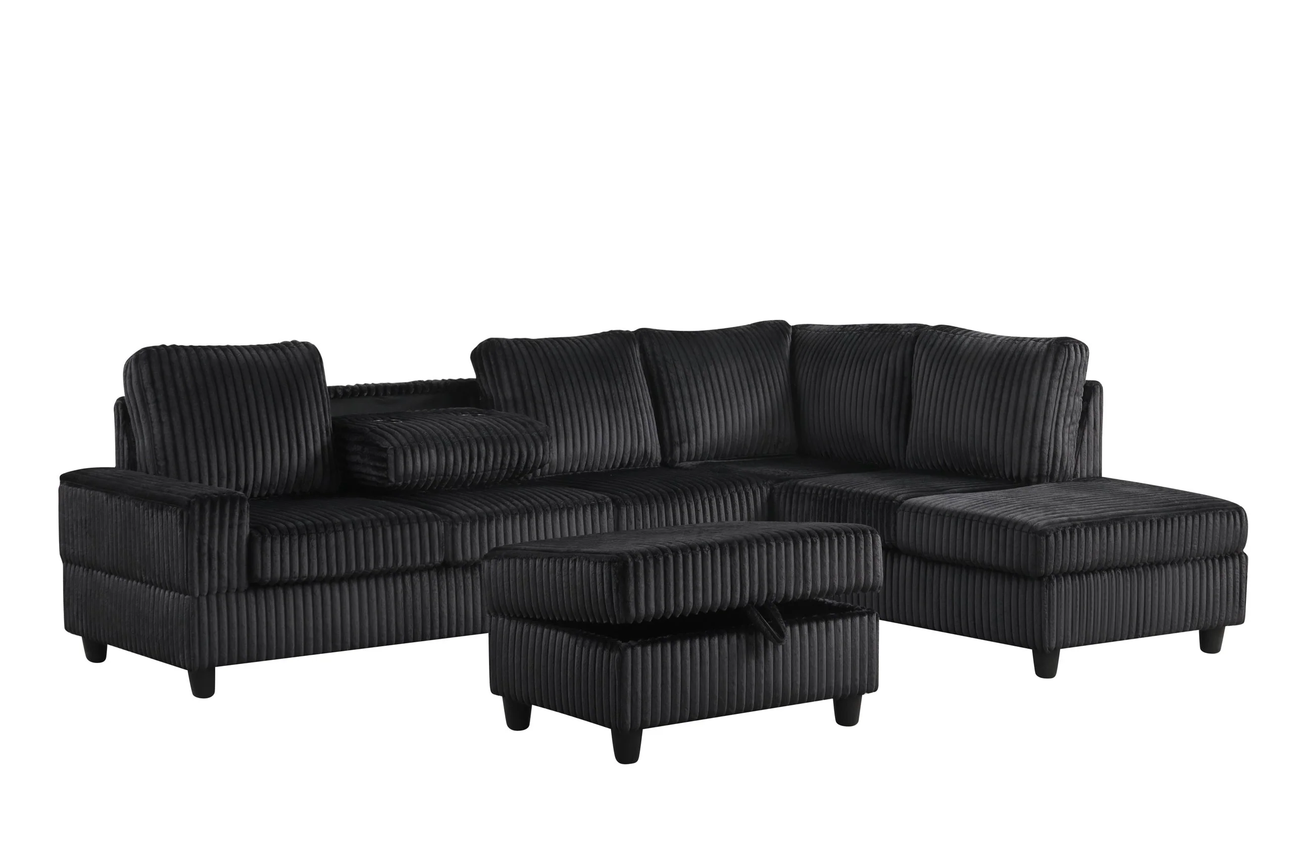 Heights Black Cord Fabric Reversible Sectional + Ottoman - Image 3