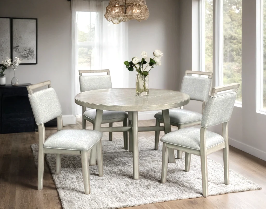 Domino Light Gray Round Dining Table + 4 Chair Set - Image 1