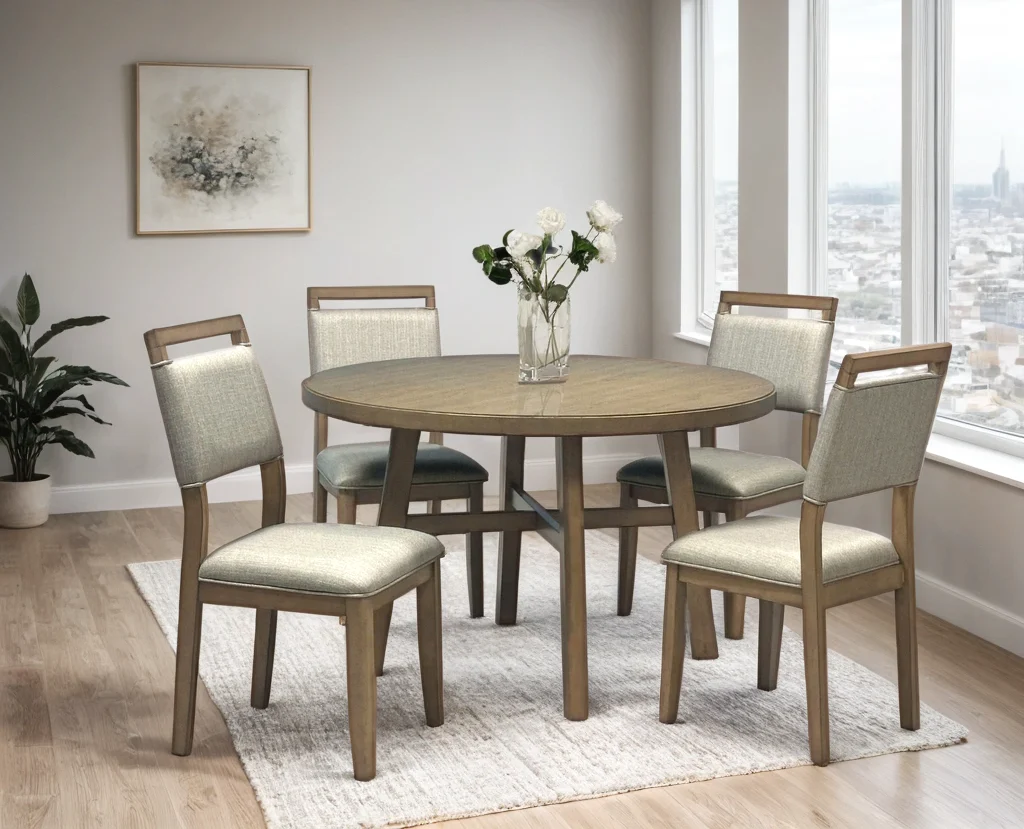 Domino Light Brown Round Dining Table + 4 Chair Set - Image 1
