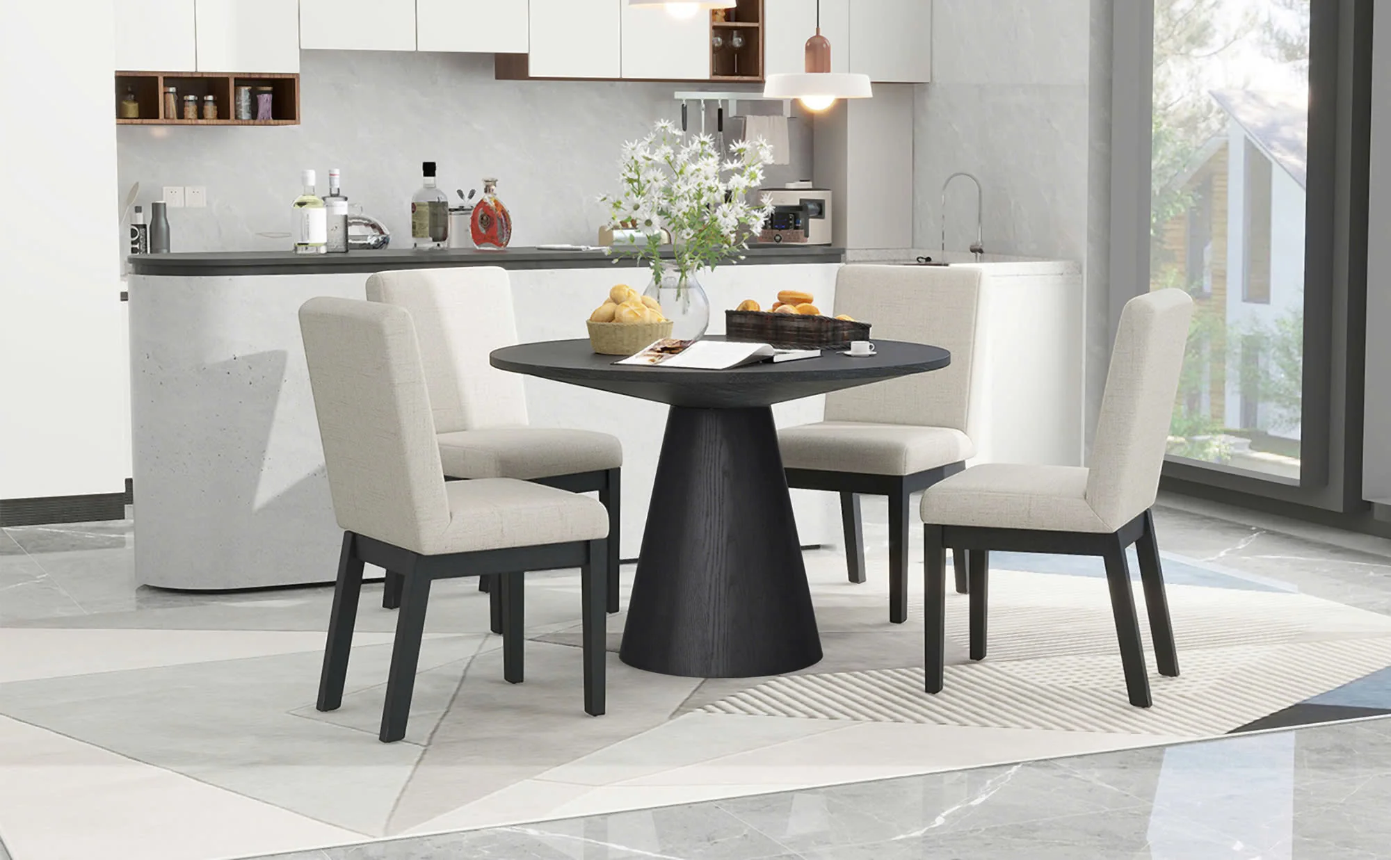 Ditu Black Round Dining Table + 4 Chair Set - Image 1