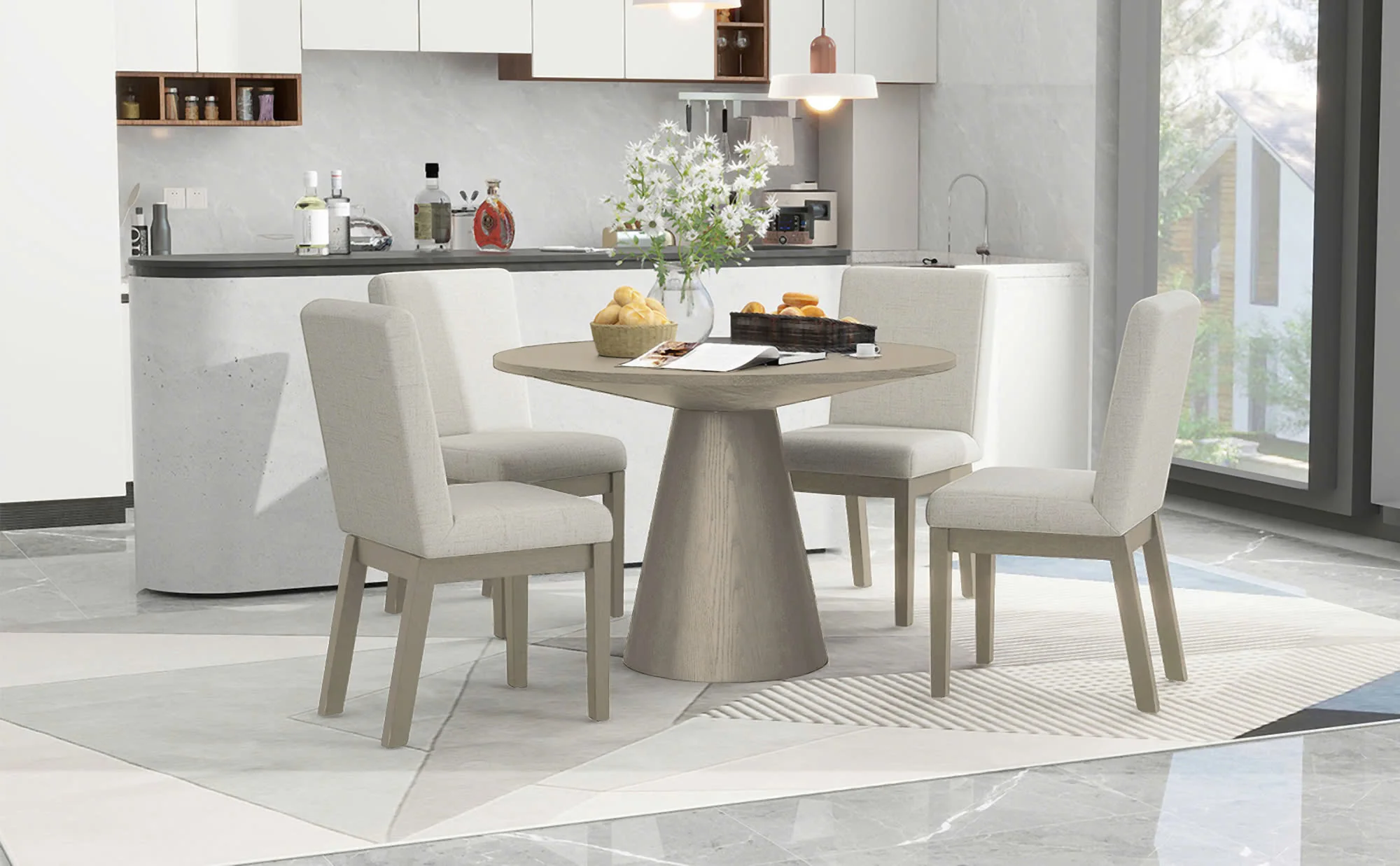 Ditu Light Gray Round Dining Table + 4 Chair Set - Image 1