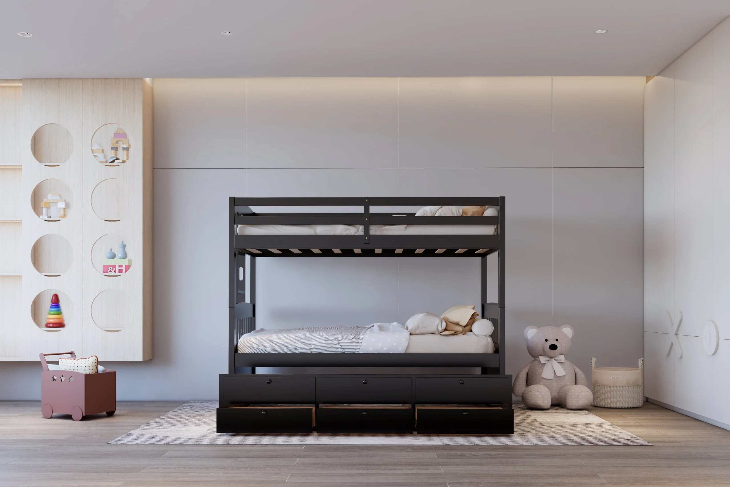 Babylon Black Twin over Twin Bunk Bed w Twin Trundle + 3 Drawers - Image 2