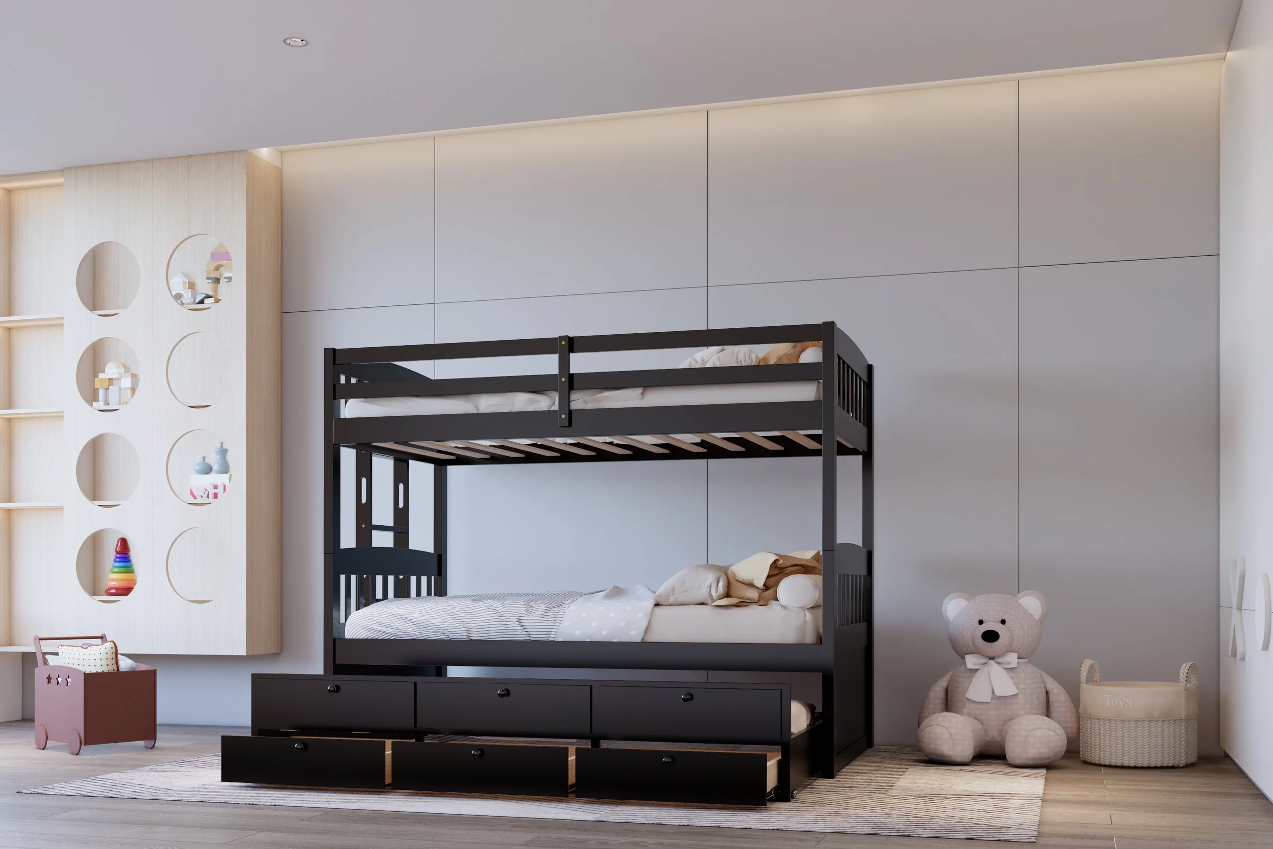 Babylon Black Twin over Twin Bunk Bed w Twin Trundle + 3 Drawers - Image 3