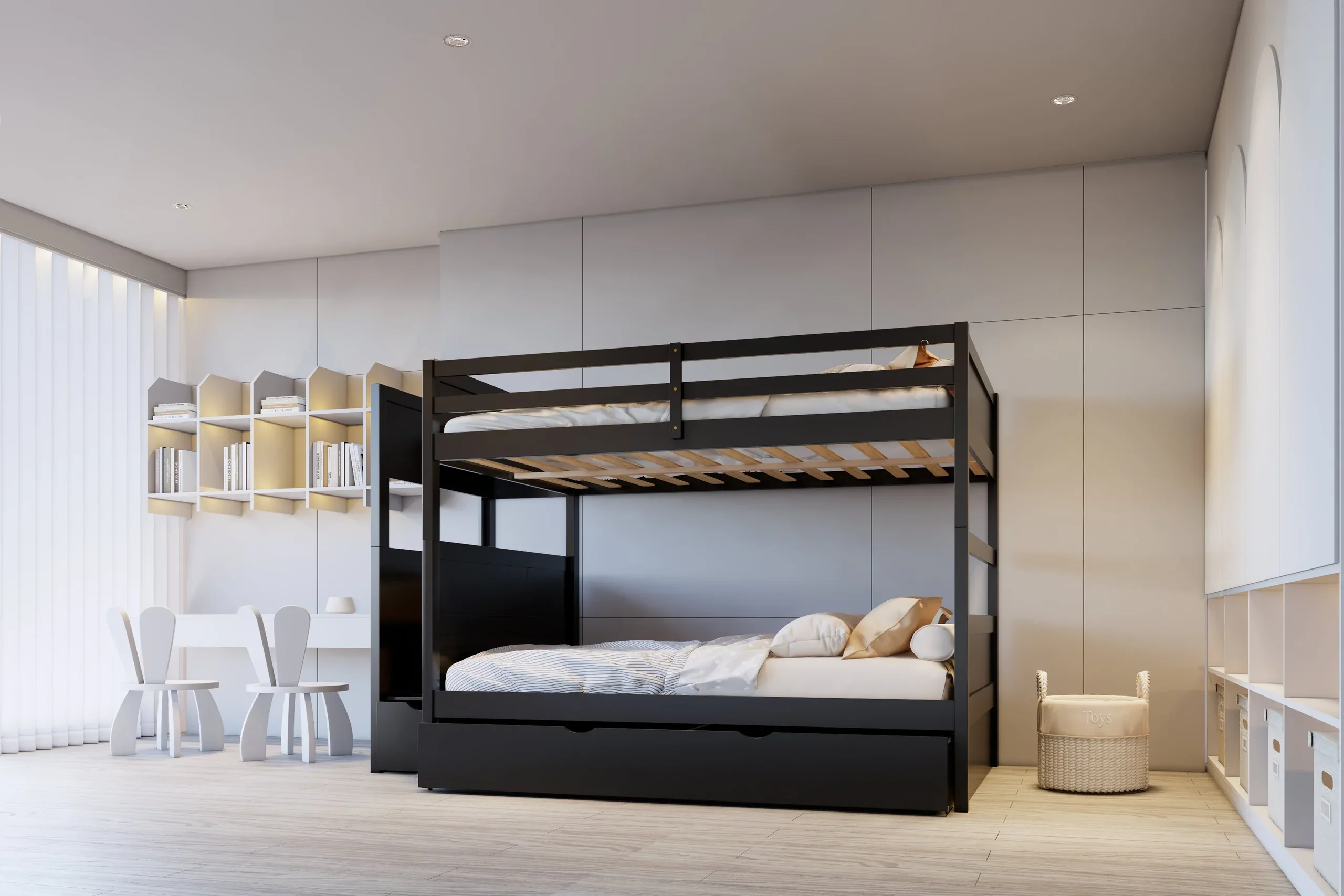 Babylon Black Full/Full Bunk Bed w Twin Trundle + Staircase Storage - Image 3
