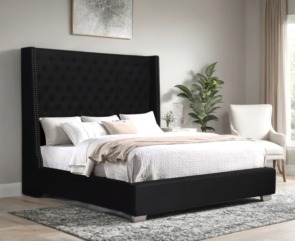 Julio Black 6 Feet Upholstered Tufted Panel King Bed - Image 1