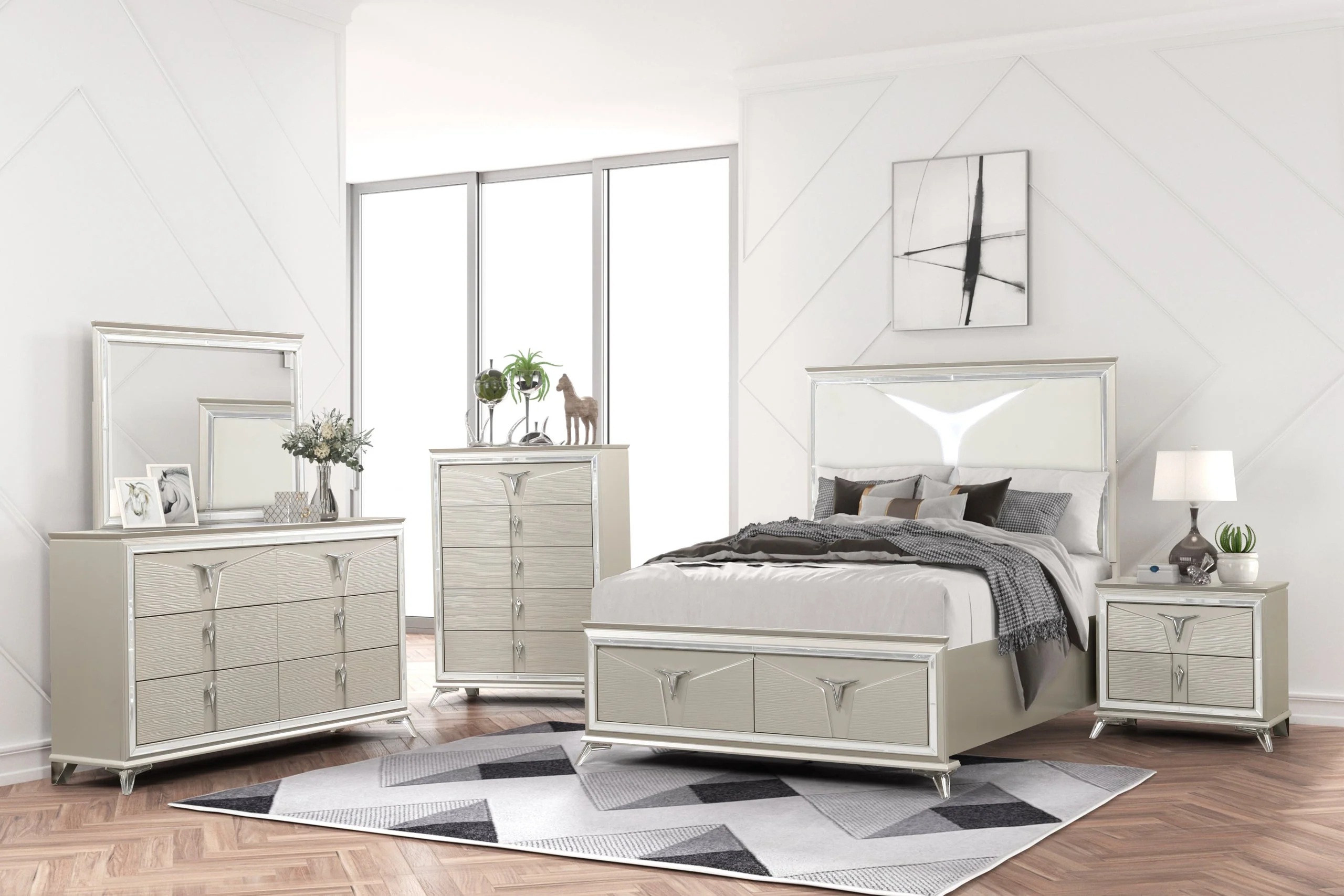 Master Champagne Upholstered LED Storage Platform Bedroom Set - Image 2