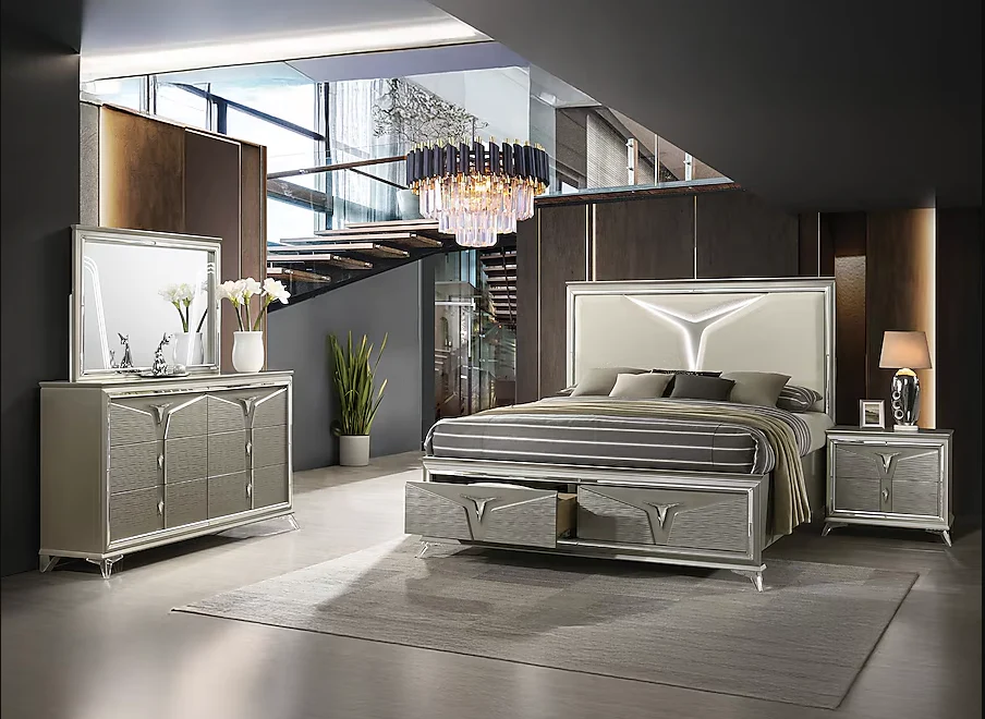 Master Champagne Upholstered LED Storage Platform Bedroom Set - Image 1
