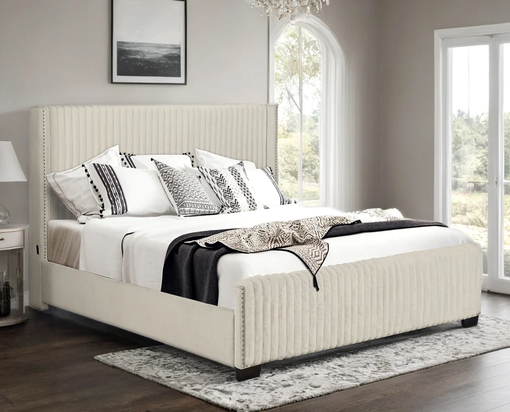Harry Beige Upholstered USB Panel Queen Bed - Image 2