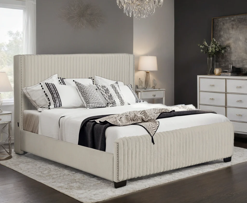 Harry Beige Upholstered USB Panel King Bed - Image 1
