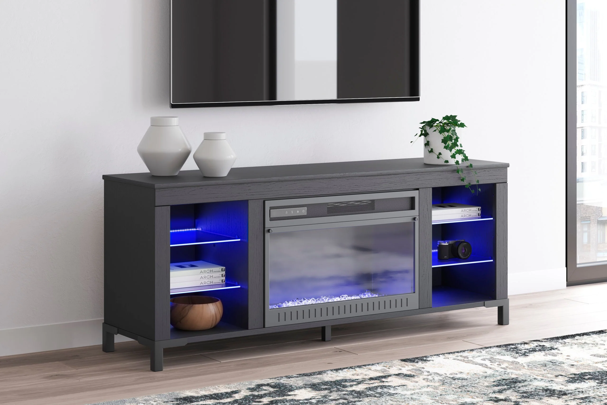 W2721-168 Black TV Stand w Fireplace 59"L LED Lights - Image 2