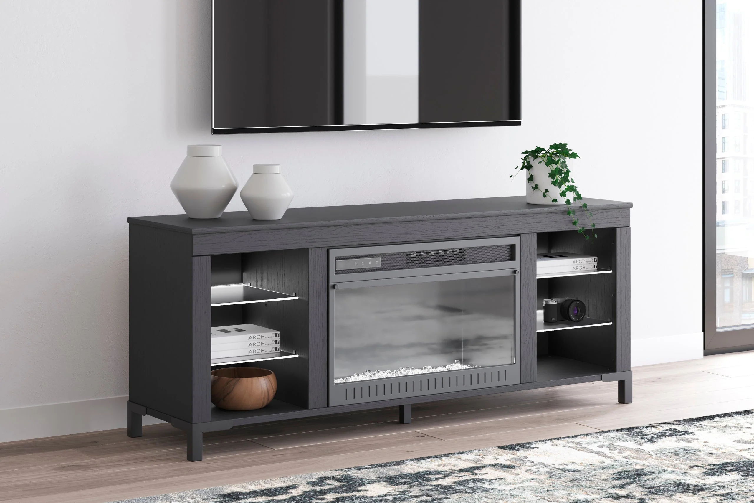 W2721-168 Black TV Stand w Fireplace 59"L LED Lights - Image 3