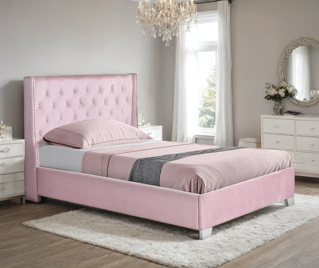 Diamond Pink Velvet Upholstered Panel Twin Bed - Image 1