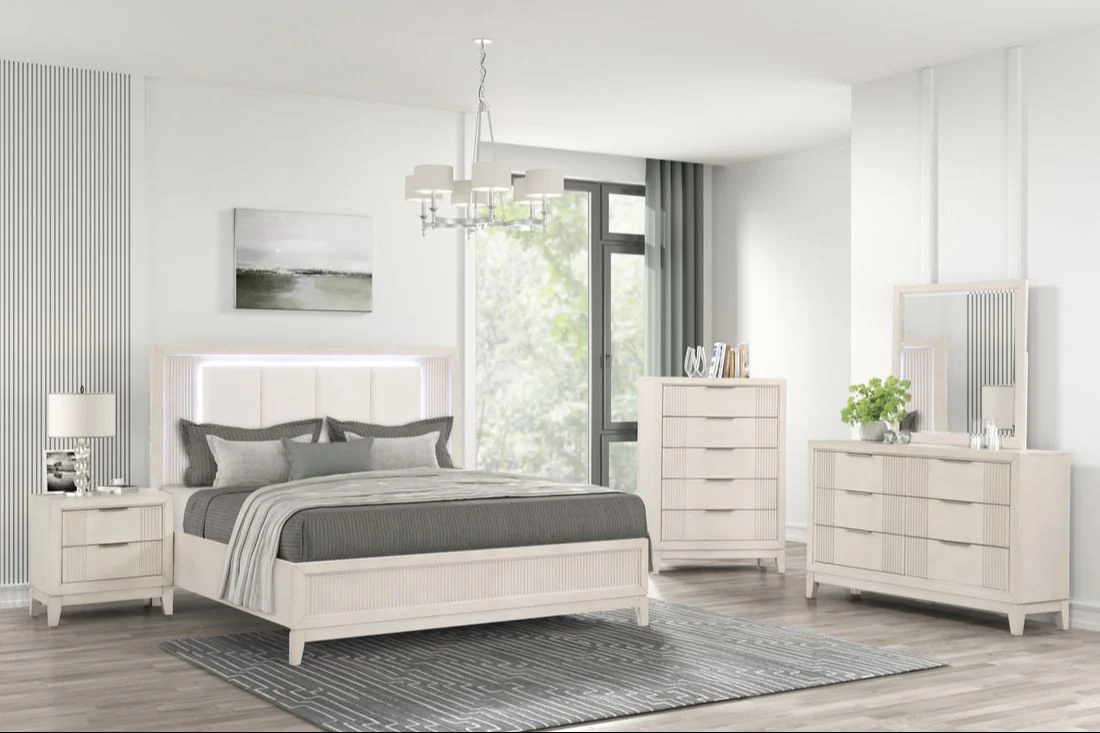 Uptown Cream LED Upholstered Panel Bedroom Set - Image 1