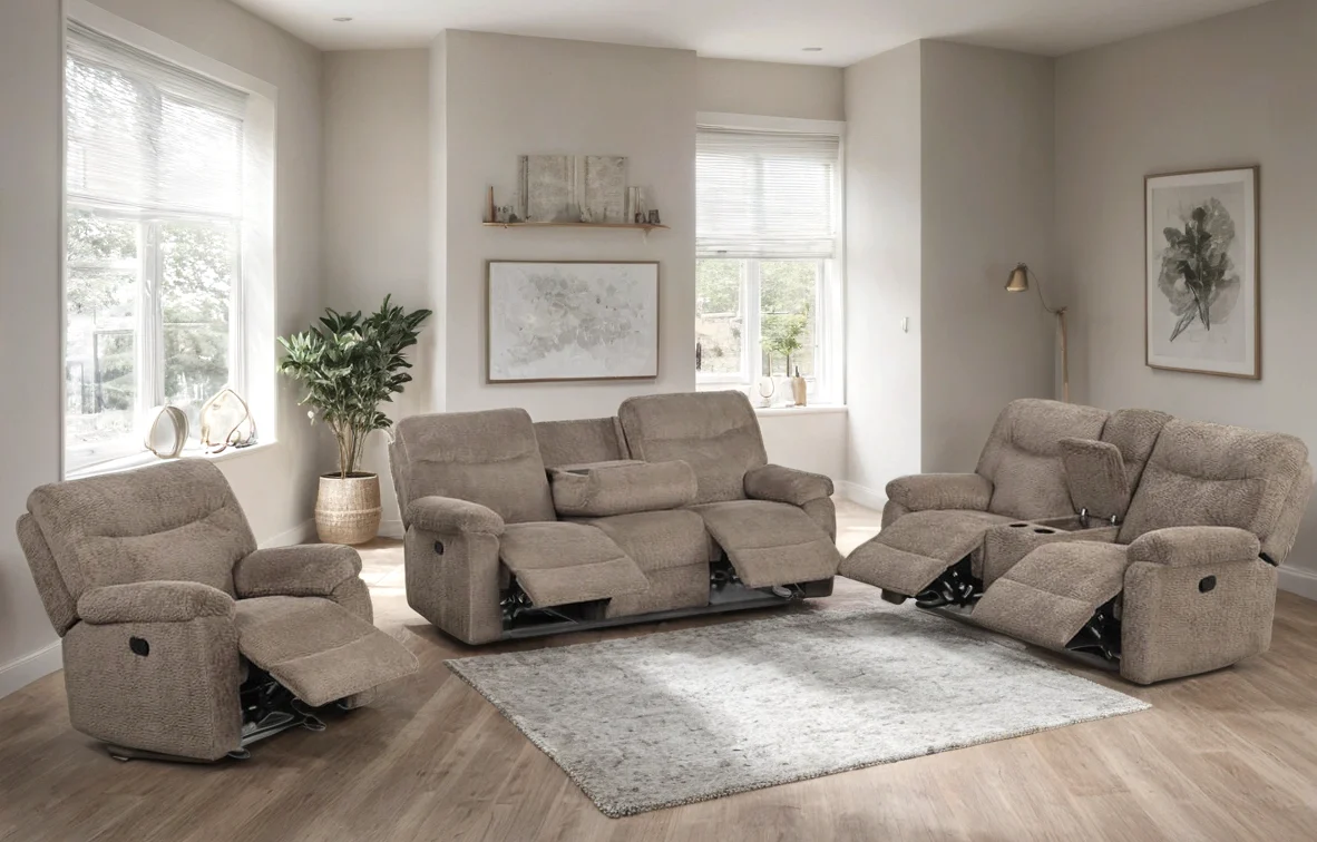 Bravo Mocha Teddy Bear Fabric 3-Piece Reclining Set - Image 1