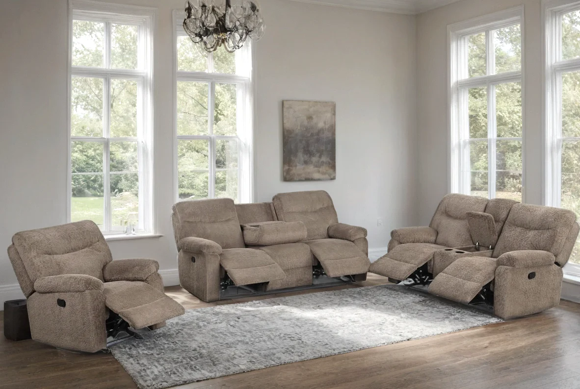 Bravo Mocha Teddy Bear Fabric 3-Piece Reclining Set - Image 3