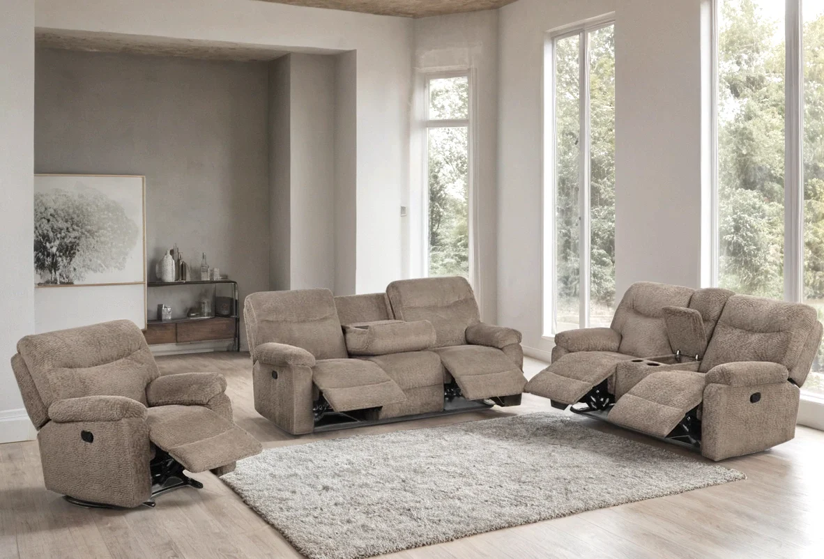 Bravo Mocha Teddy Bear Fabric 3-Piece Reclining Set - Image 2