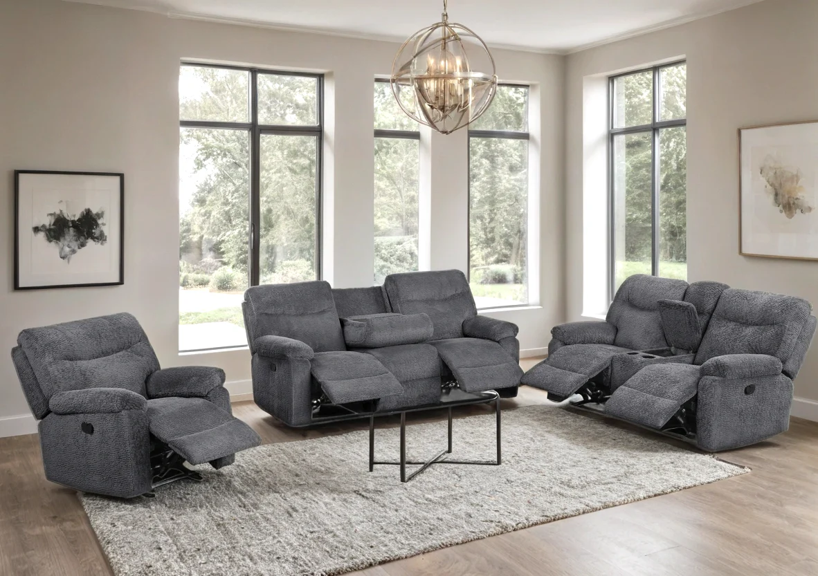 Bravo Dark Gray Teddy Bear Fabric 3-Piece Reclining Set - Image 2
