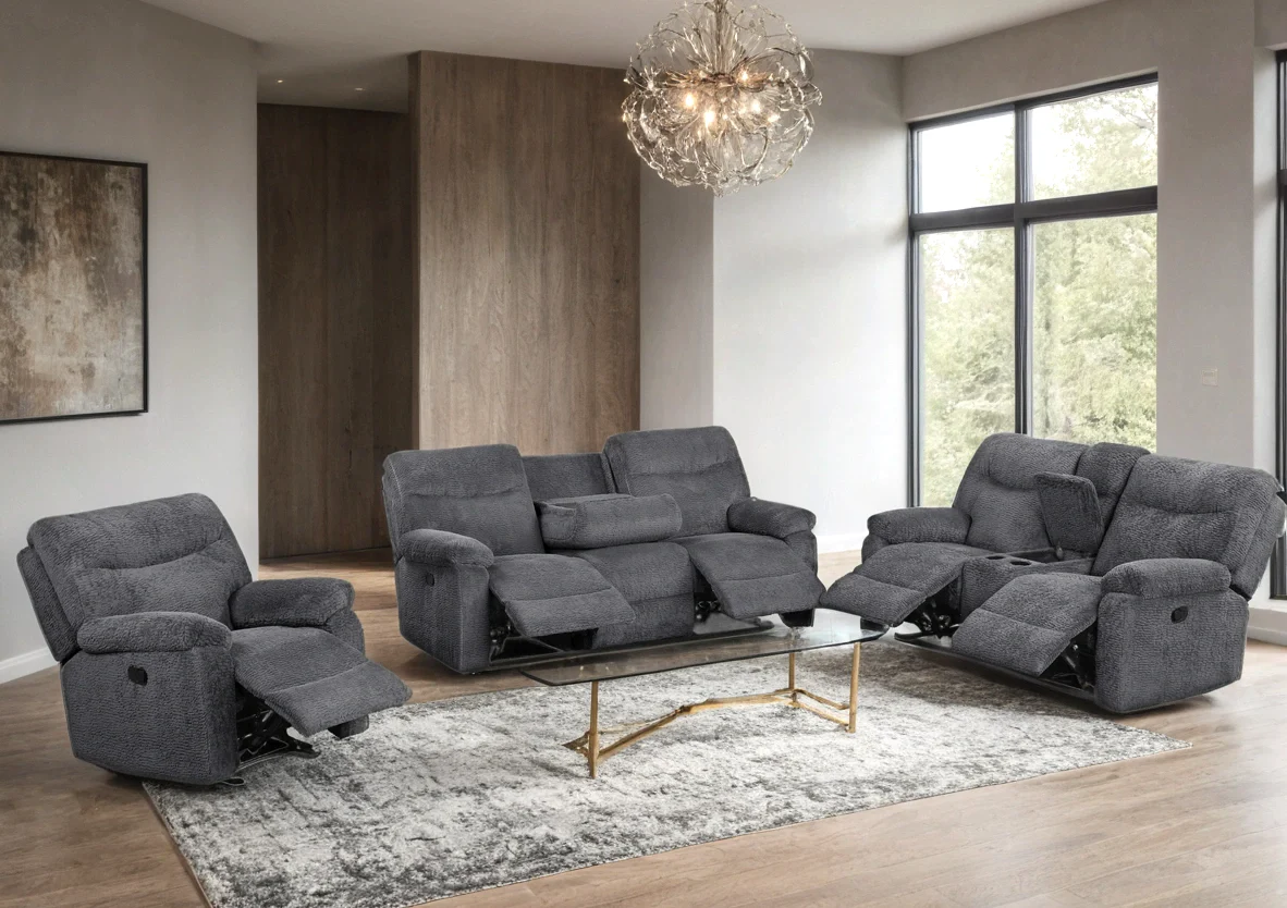 Bravo Dark Gray Teddy Bear Fabric 3-Piece Reclining Set - Image 1
