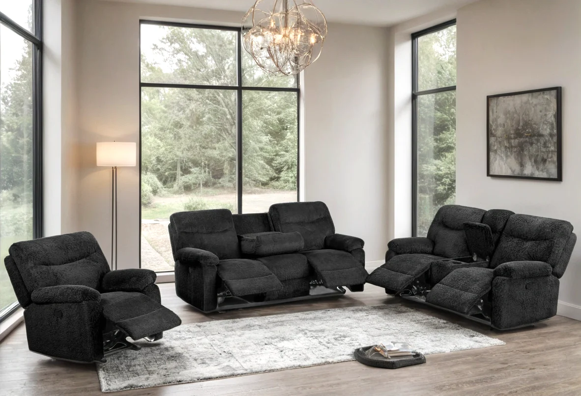Bravo Black Teddy Bear Fabric 3-Piece Reclining Set - Image 1