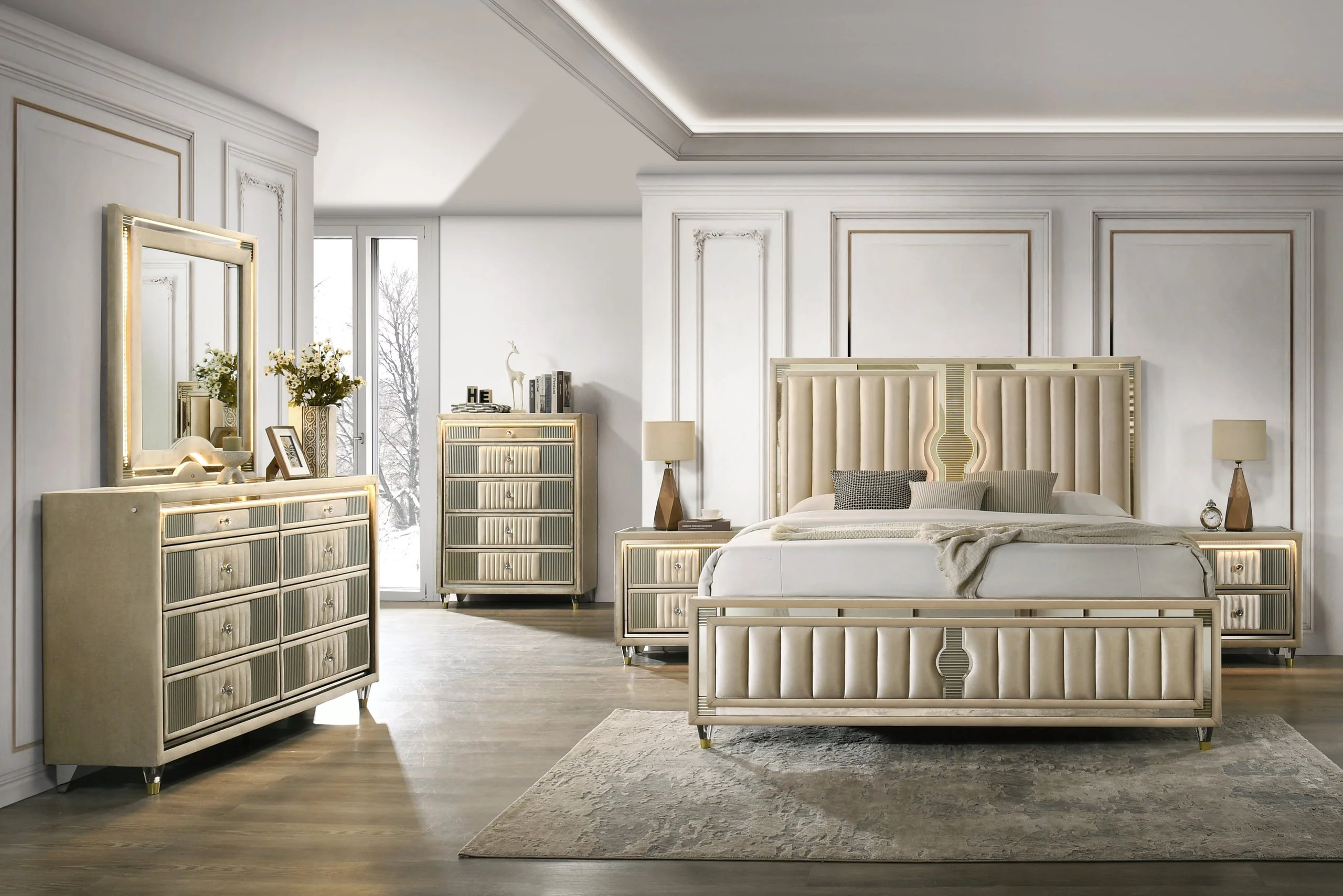 Venetian Champagne Upholstered LED Platform Bedroom Set - Image 2