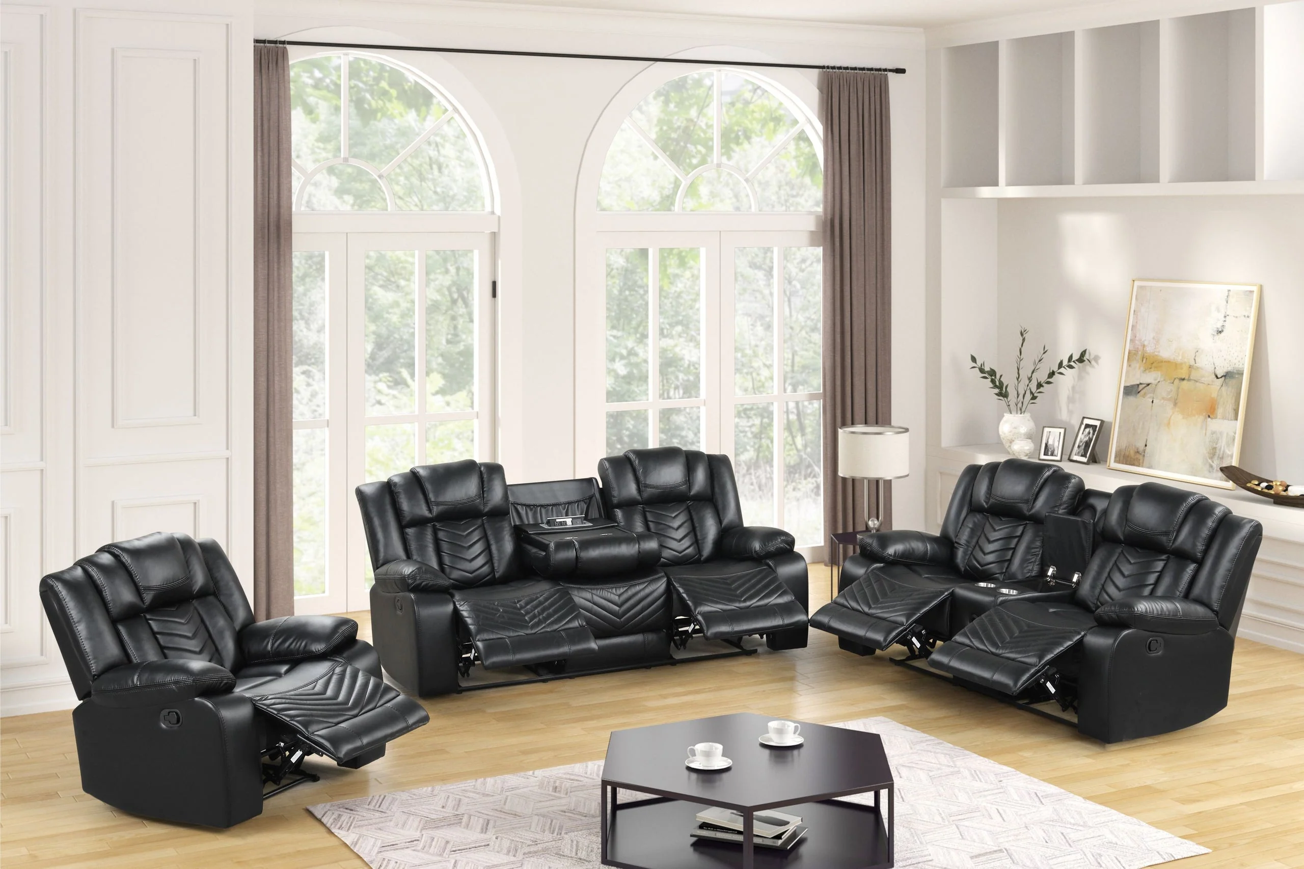 Ace Black Leather Gel 3-Piece Reclining Set - Image 2