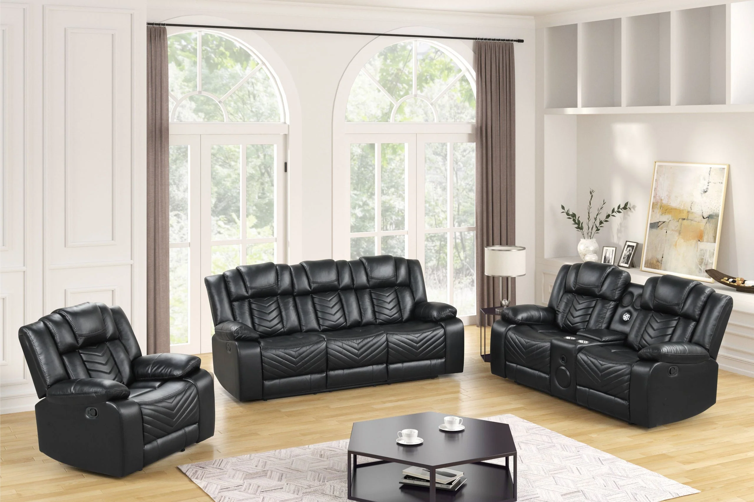 Ace Black Leather Gel 3-Piece Reclining Set - Image 3