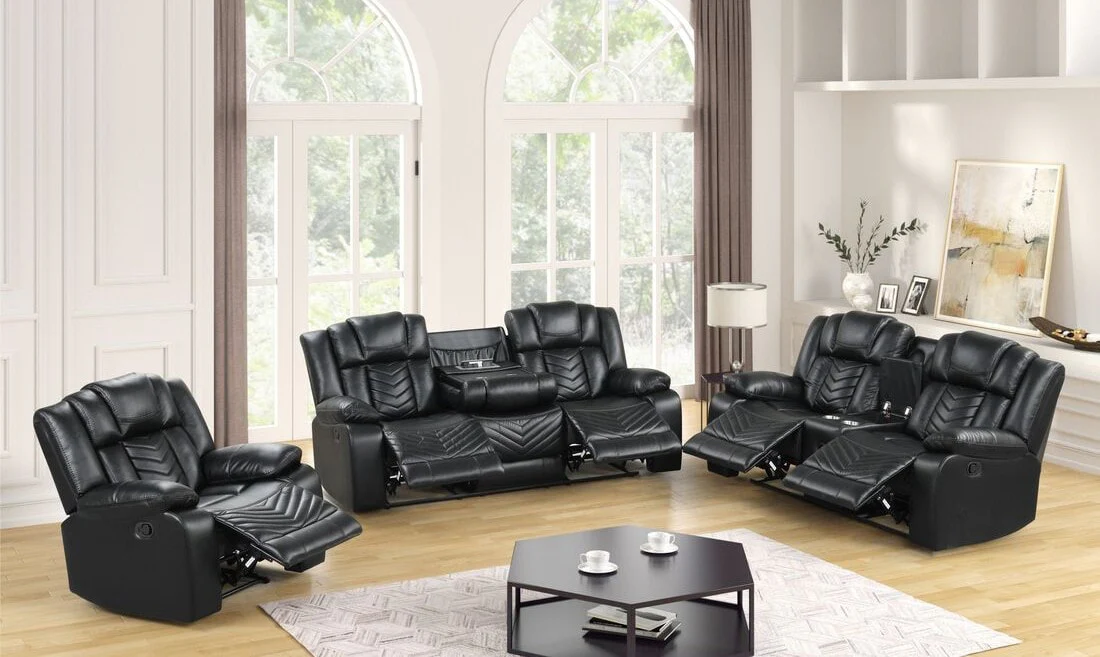 Ace Black Leather Gel 3-Piece Reclining Set - Image 1