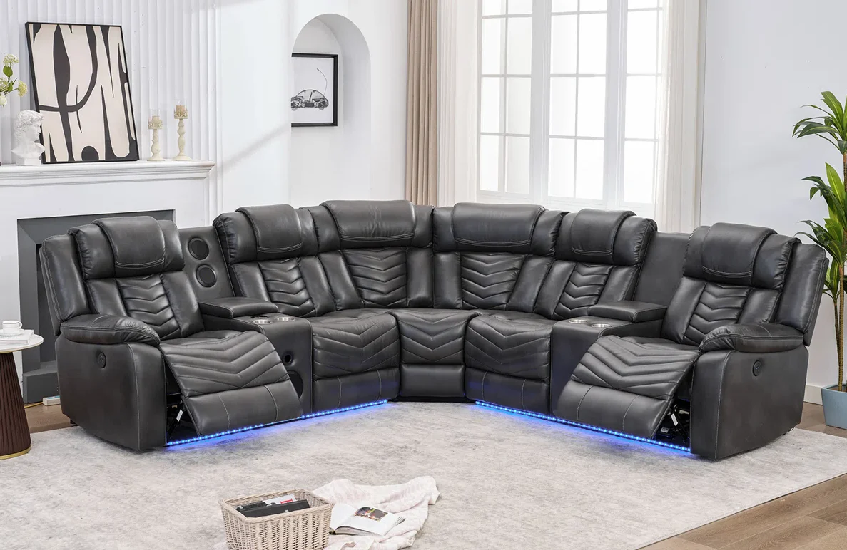 Ace Gray Leather Gel Reclining Sectional