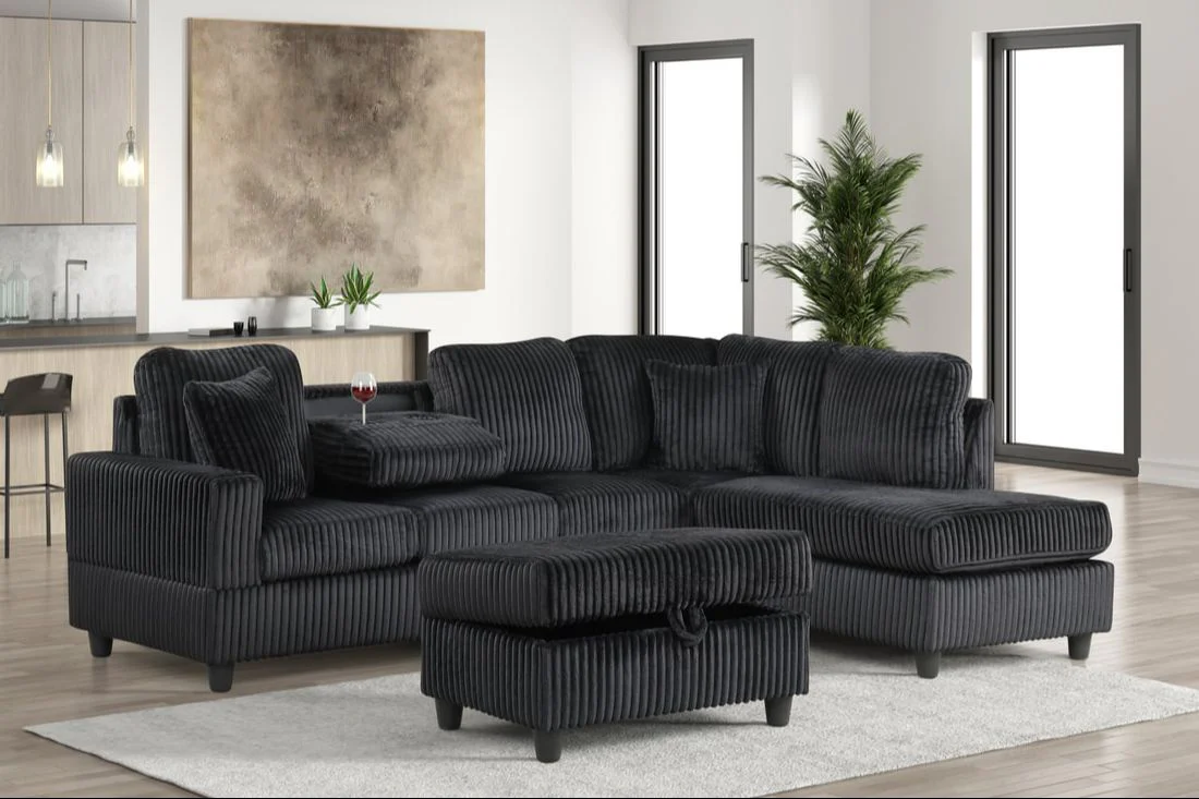 Rocket Onyx Black Reversible Sectional with Ottoman - Image 1