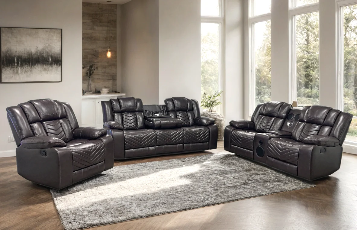 Ace Brown Leather Gel 3-Piece Reclining Set - Image 1