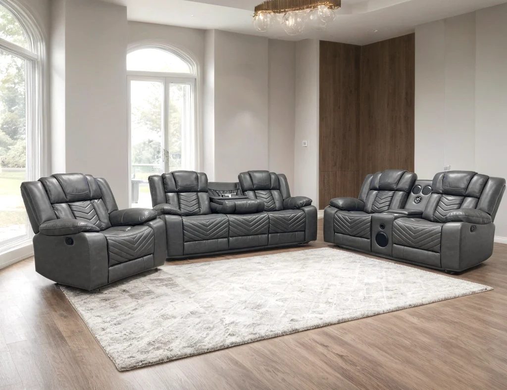 Ace Gray Leather Gel 3-Piece Reclining Set - Image 2