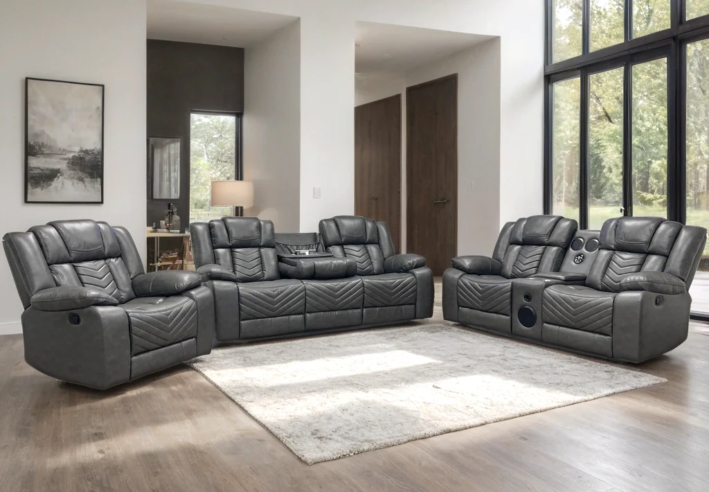 Ace Gray Leather Gel 3-Piece Reclining Set - Image 1