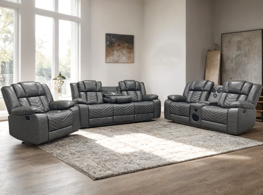 Ace Gray Leather Gel 3-Piece Reclining Set - Image 3