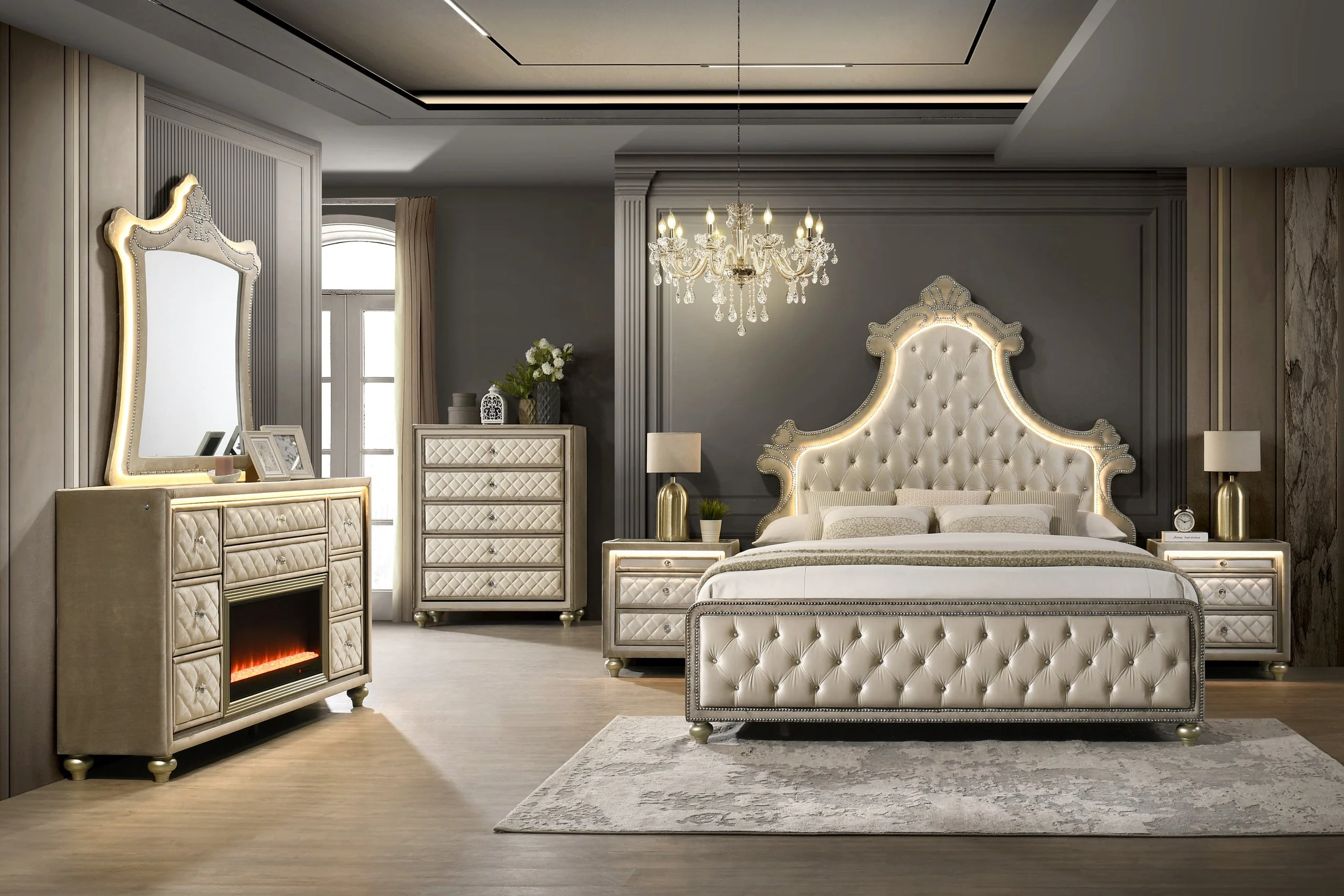 Majesty Beige Upholstered Tufted LED Panel Bedroom Set - Image 2