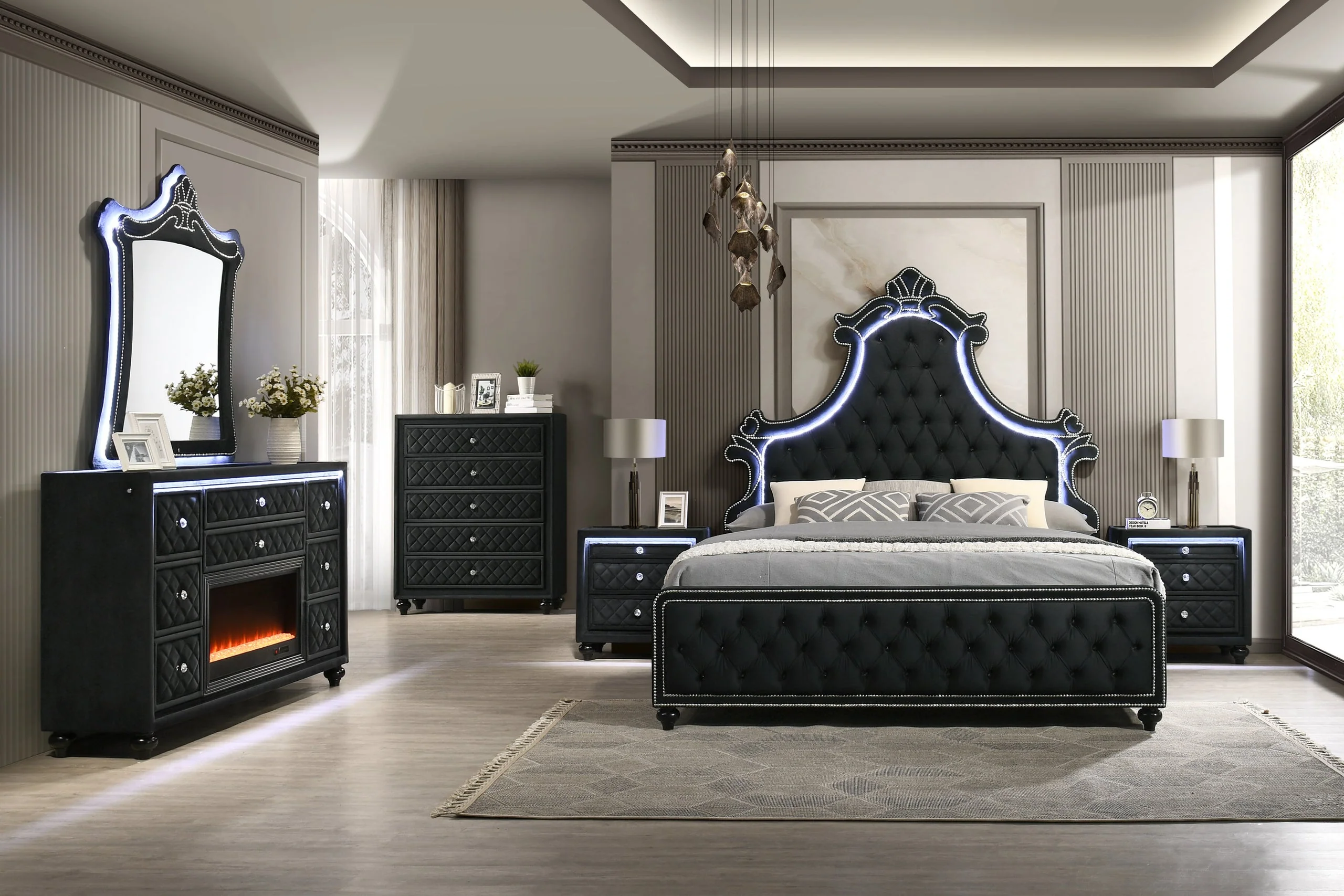 Majesty Black Upholstered Tufted LED Panel Bedroom Set - Image 2