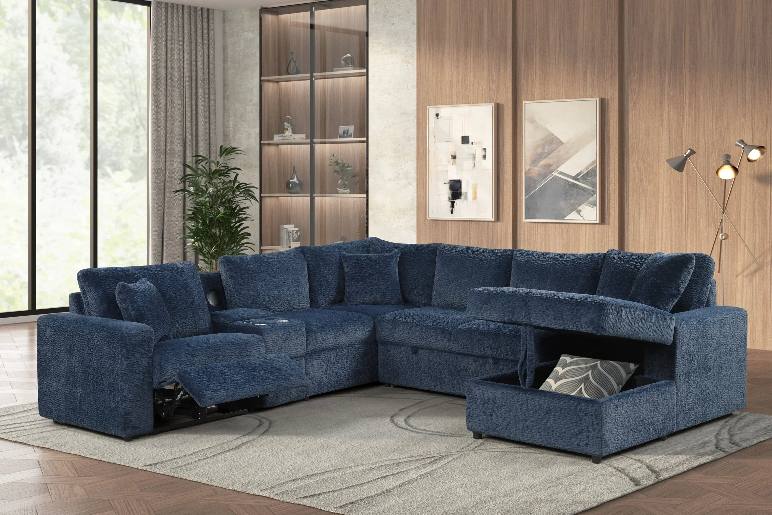 Hunter Blue Sectional w Bluetooth Speaker & Pull-Out Bed - Image 2