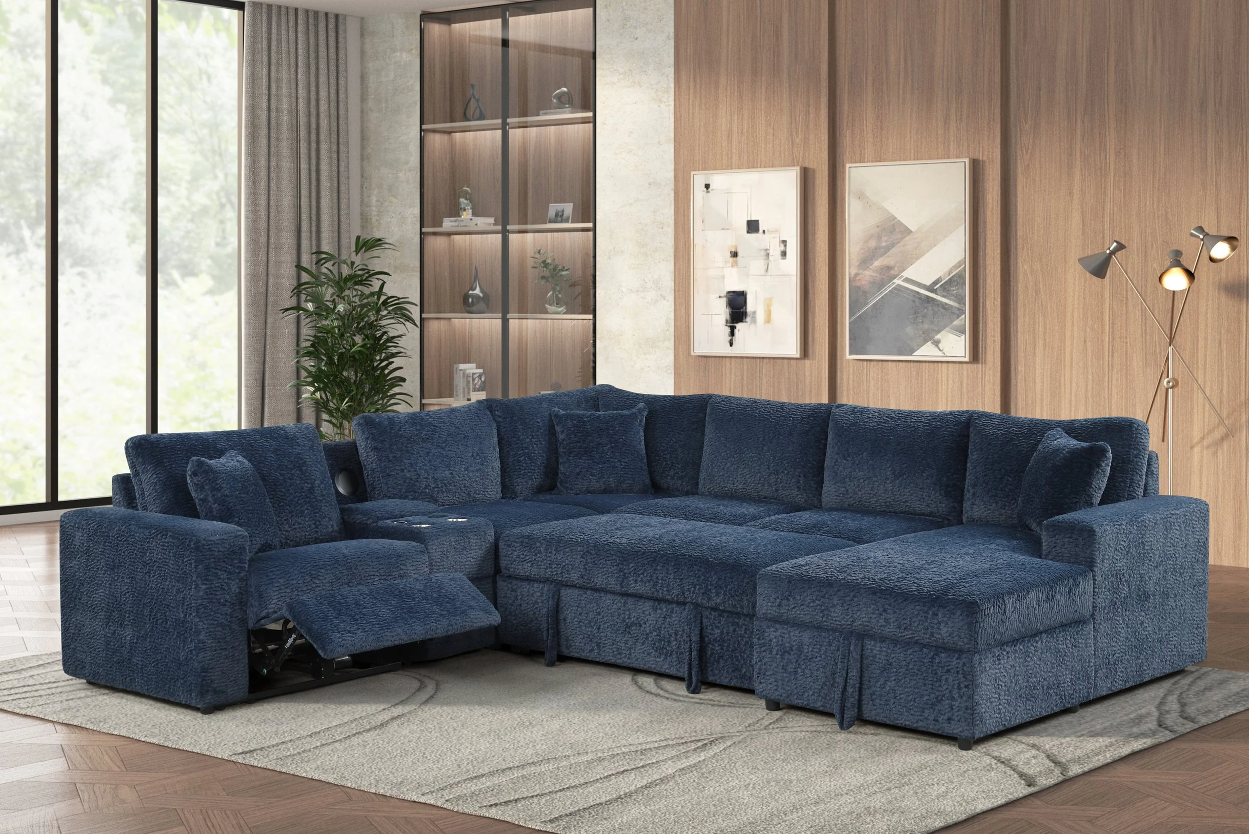 Hunter Blue Sectional w Bluetooth Speaker & Pull-Out Bed - Image 3