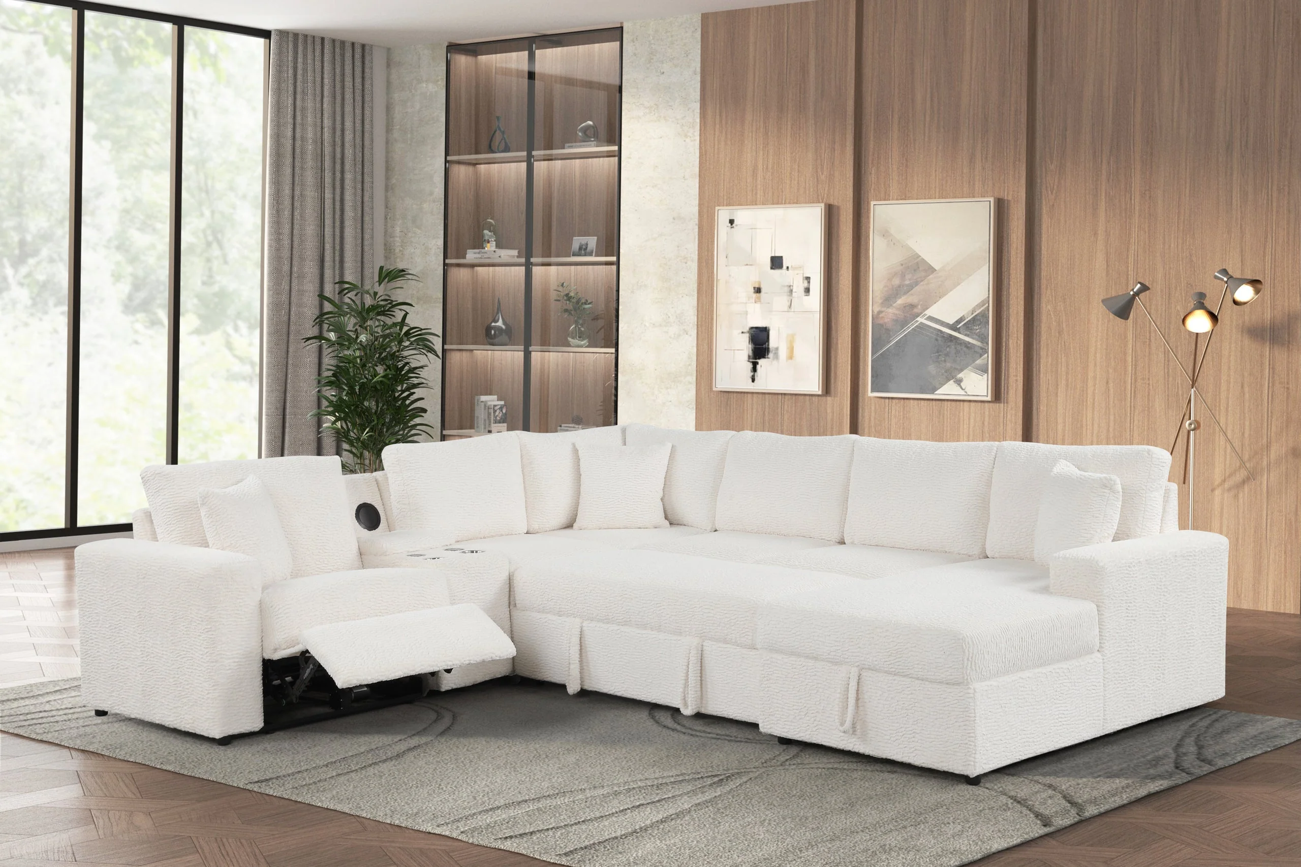 Hunter White Sectional w Bluetooth Speaker & Pull-Out Bed - Image 3