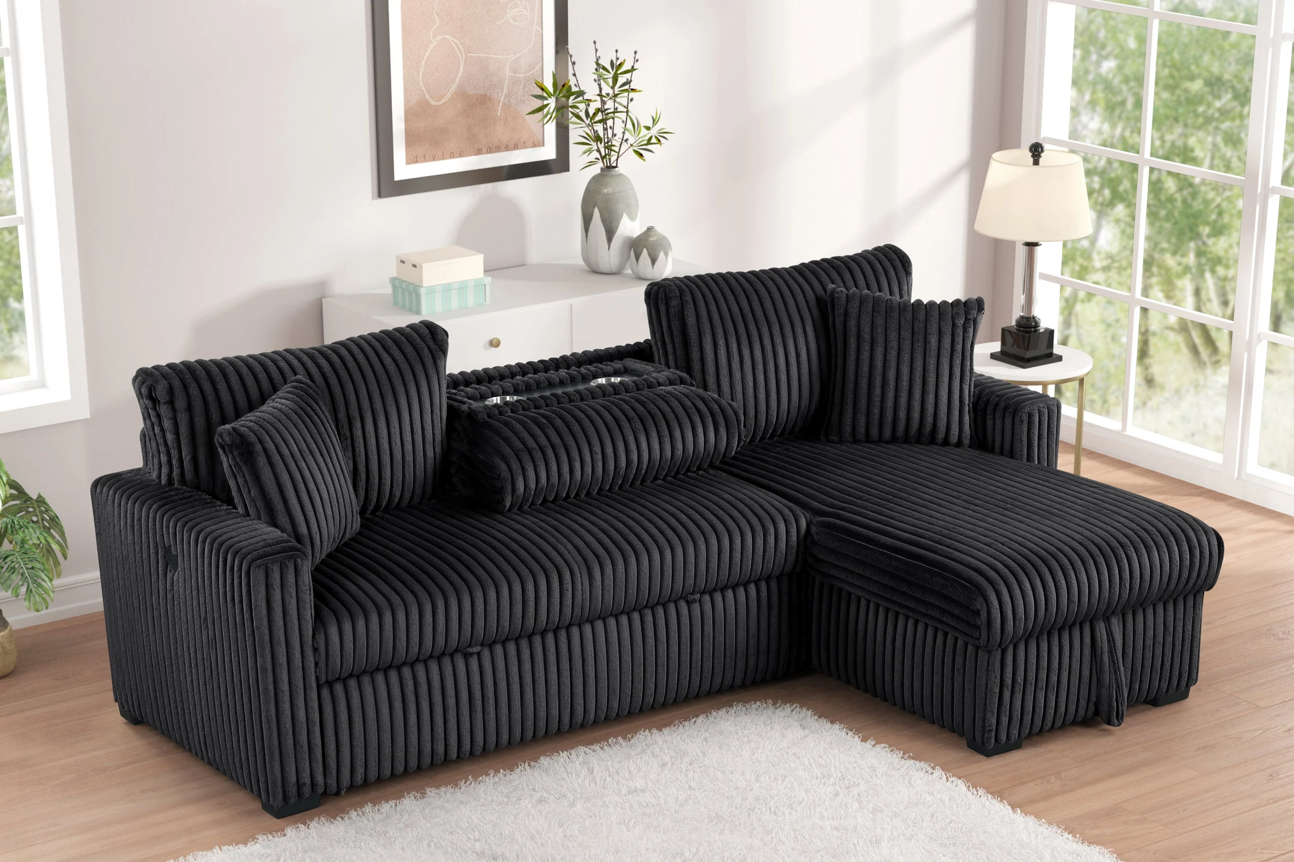 Aria Black Sectional With Pull-Out Bed & Storage Chaise - Image 2