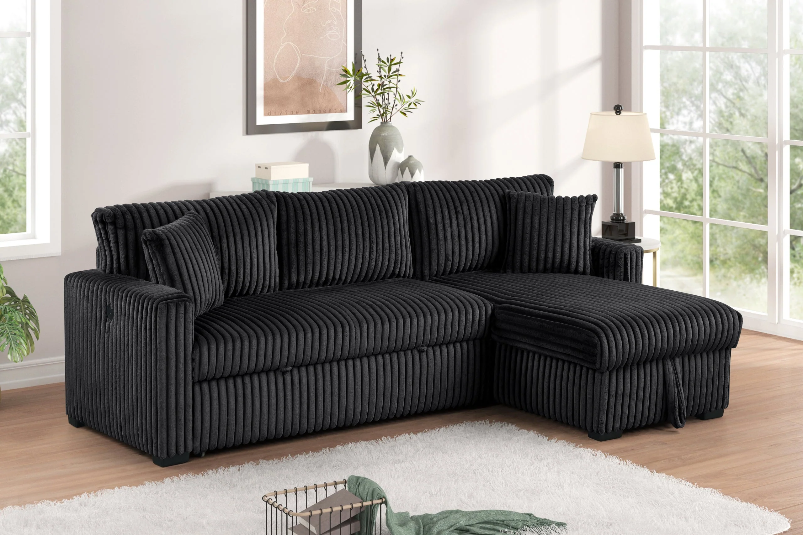 Aria Black Sectional With Pull-Out Bed & Storage Chaise - Image 3