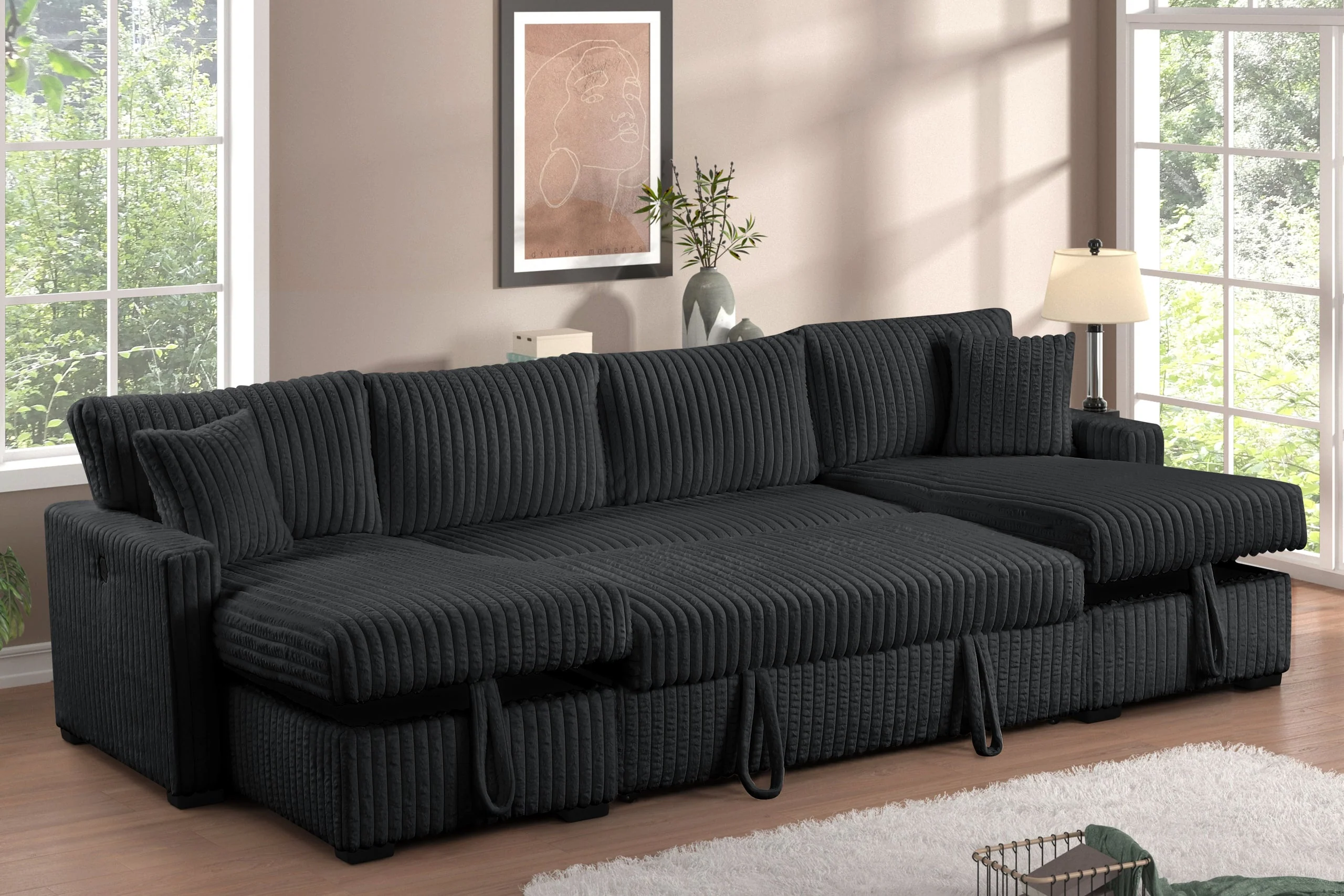 July Black Double Storage Chaise Sectional w Pull Out Bed - Image 2