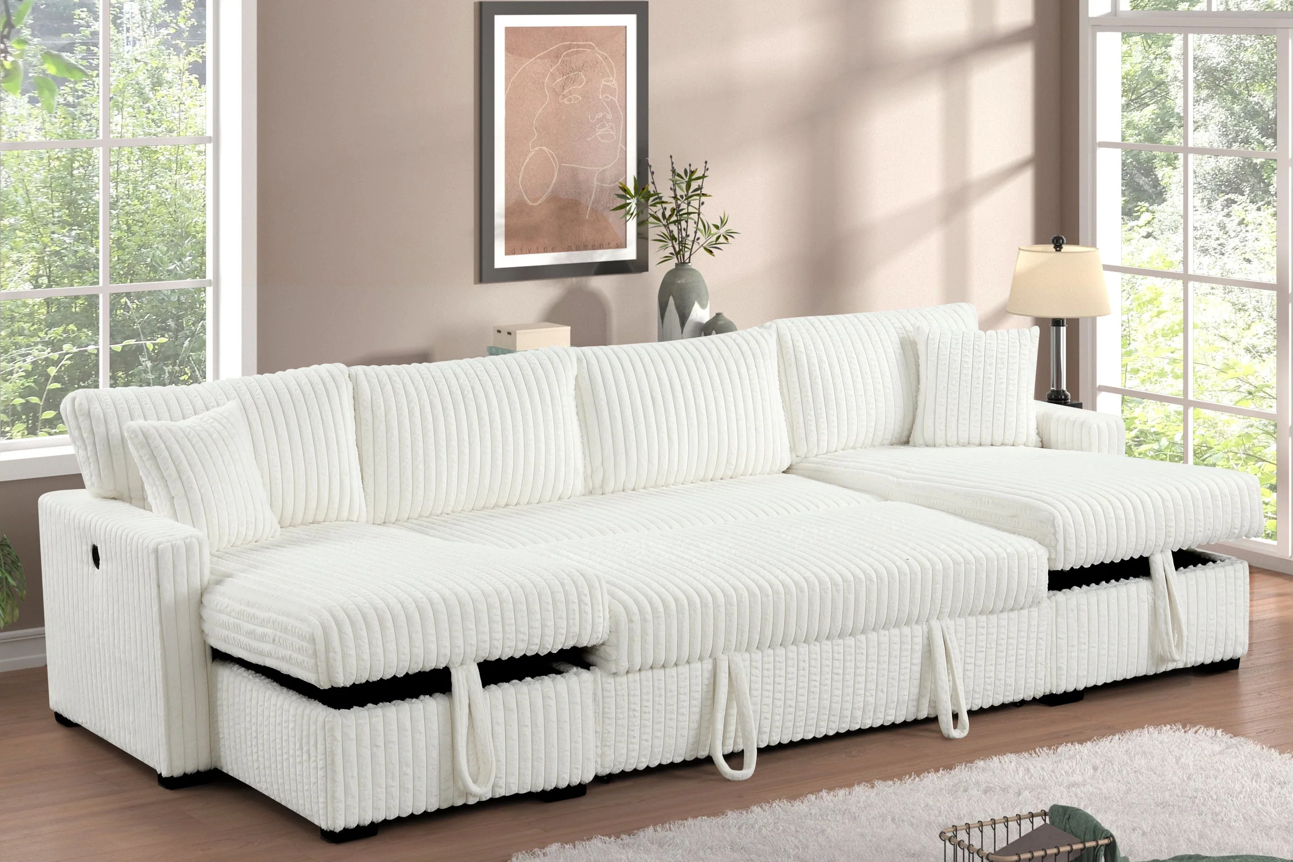 July Beige Double Storage Chaise Sectional w Pull Out Bed - Image 2