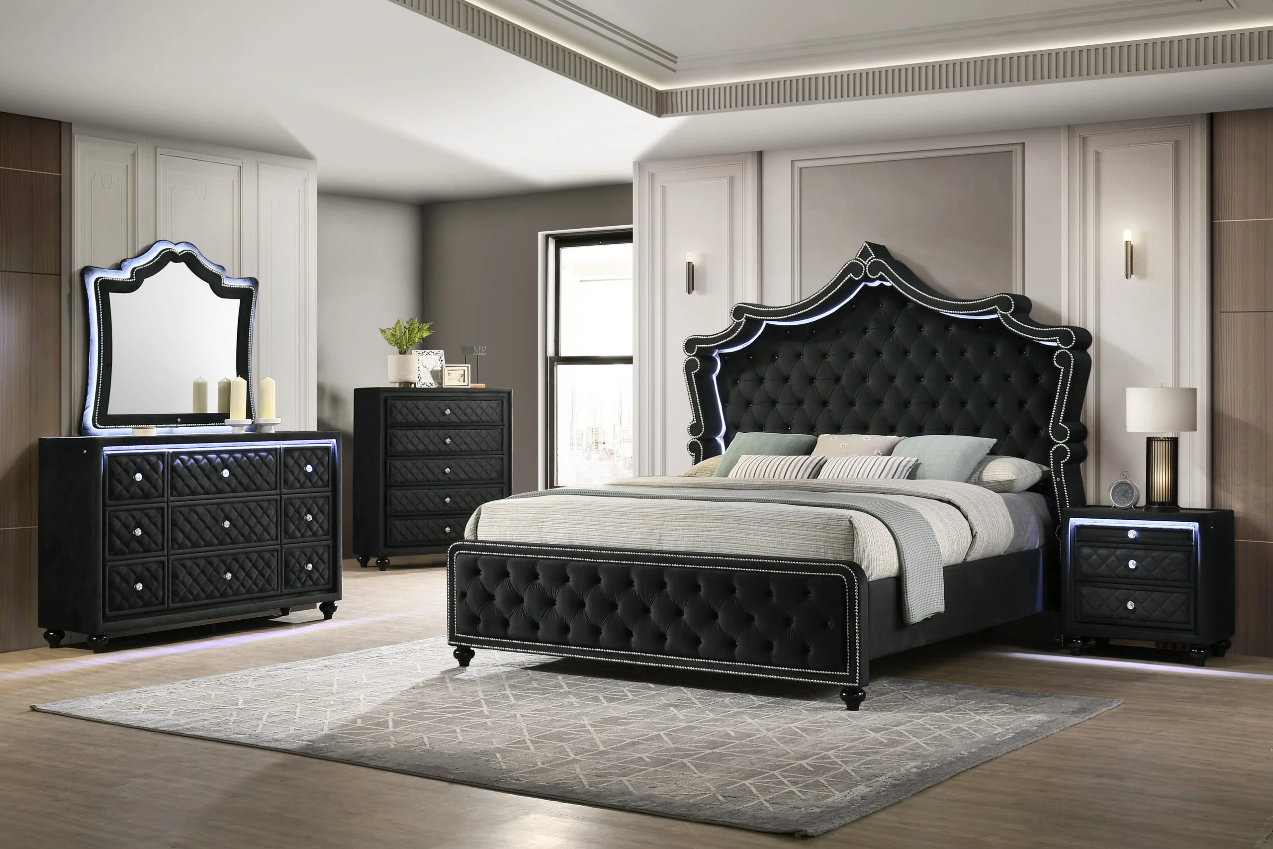 KKingdom Black LED Upholstered Tufted Panel Bedroom Set - Image 3