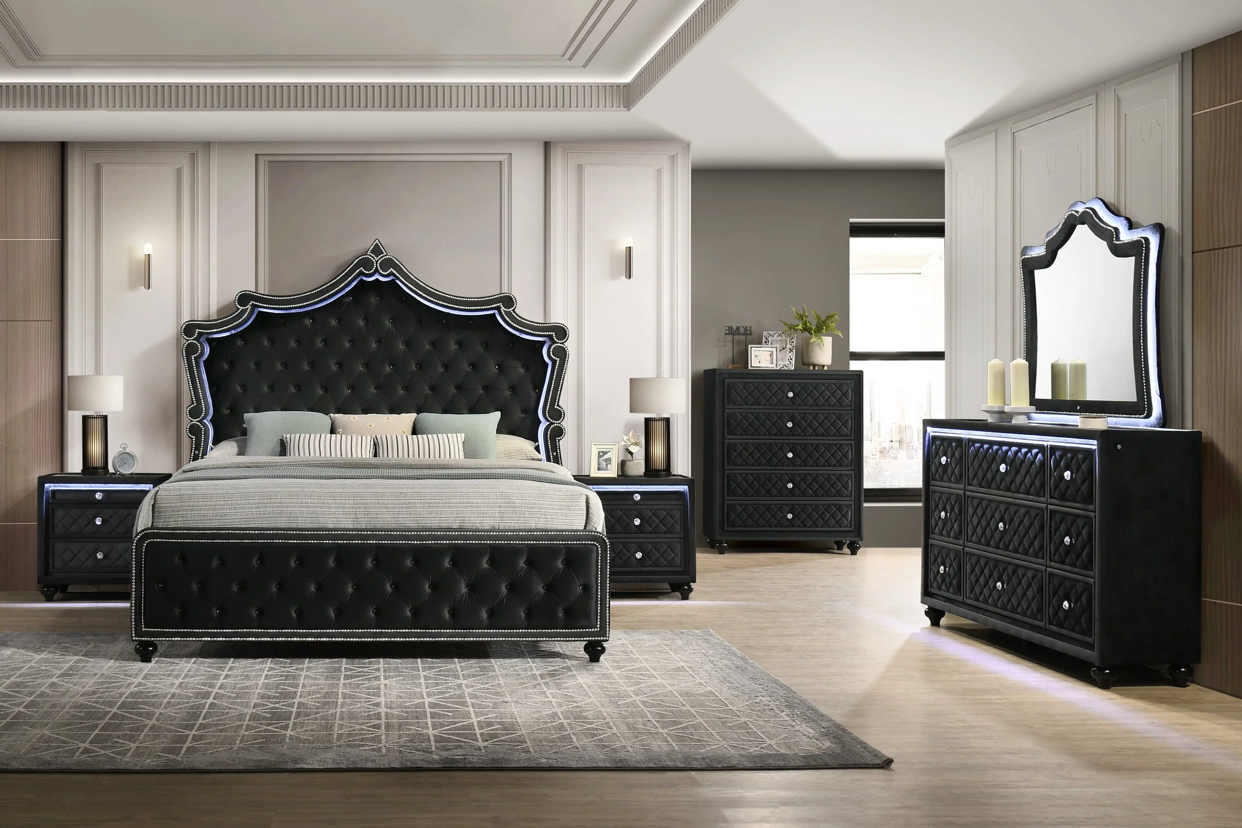 KKingdom Black LED Upholstered Tufted Panel Bedroom Set - Image 2