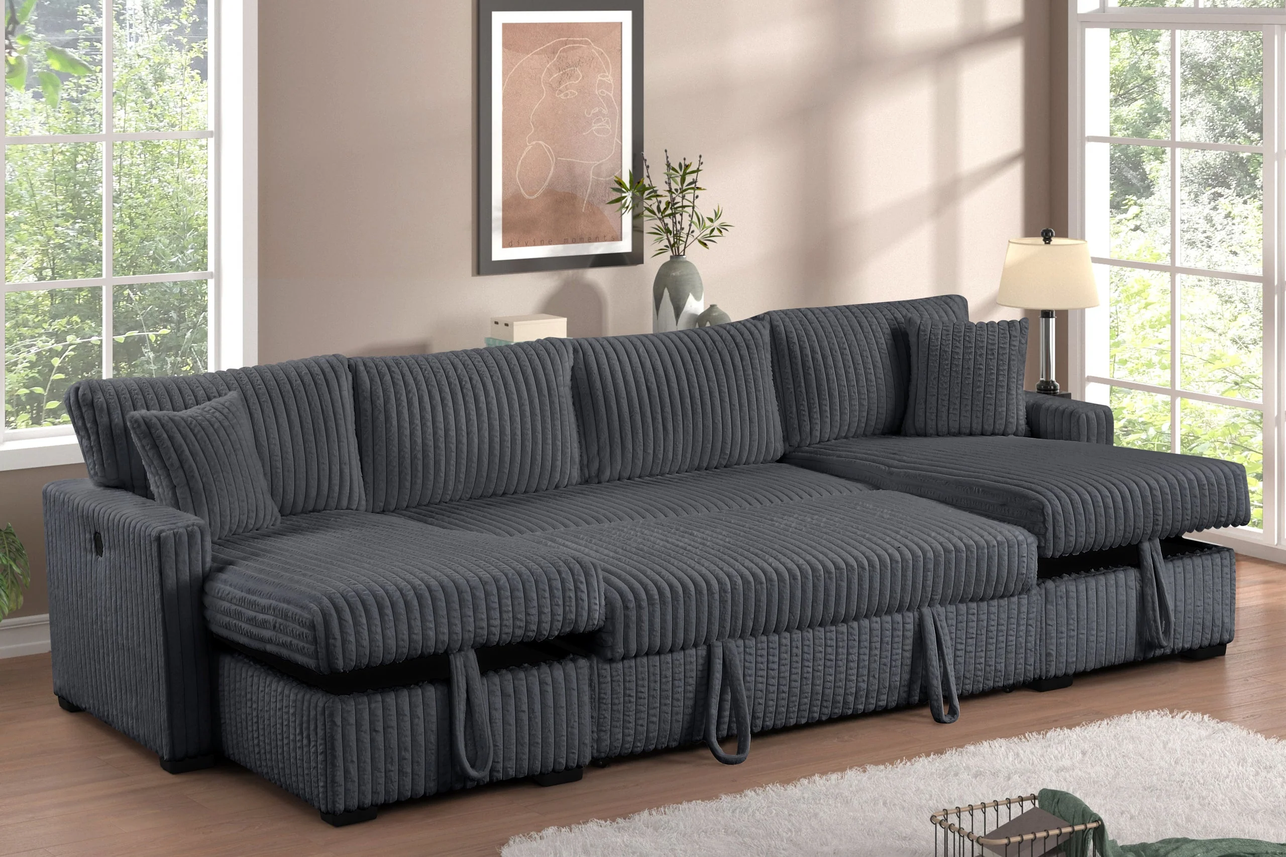 July Charcoal Double Storage Chaise Sectional w Pull Out Bed - Image 2